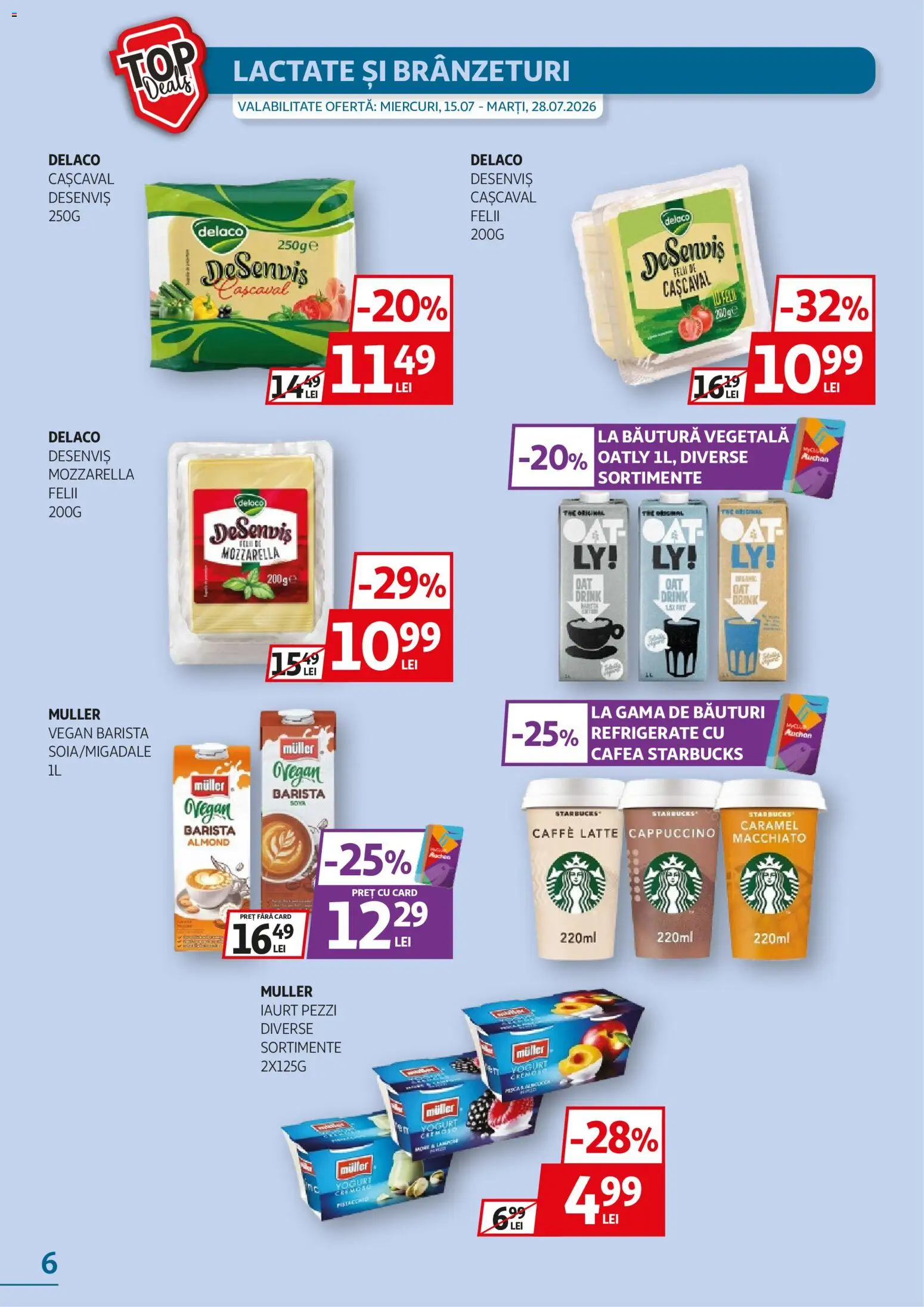 Noul catalog Auchan – valabil de la 15.07.2026 | Pagină: 6 | Produse: Delaco, Cașcaval, Cappuccino, Mozzarella
