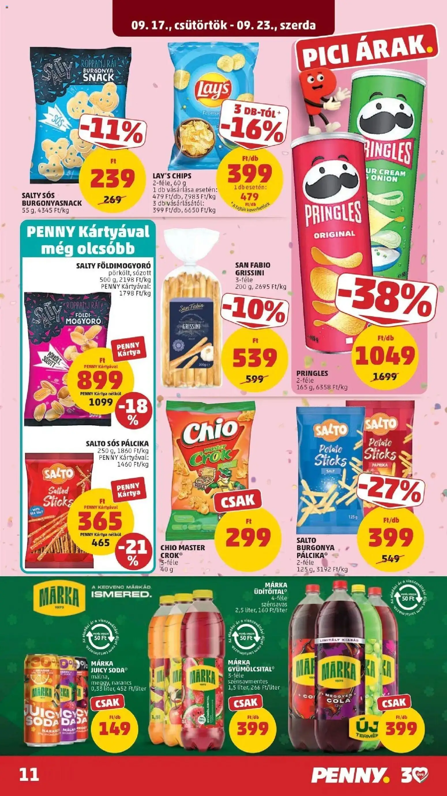 PENNY aktuális akciós újság: 2026.09.17.-tól lapozható | Oldal: 11 | Termékek: Gyümölcsital, Sós pálcika, Márka, Pörkölt