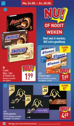 5-pack Mars-, Twix- of Snickers-ijs, 5-pack Mars-, Twix- or Snickers-ice cream. Multiple variants available. - Voorbeeld van een folder van Aldi, geldig van 24-08-2026 | Pagina: 24 | Producten: Koffiecapsules, Capsules, Twix, Pindakaas