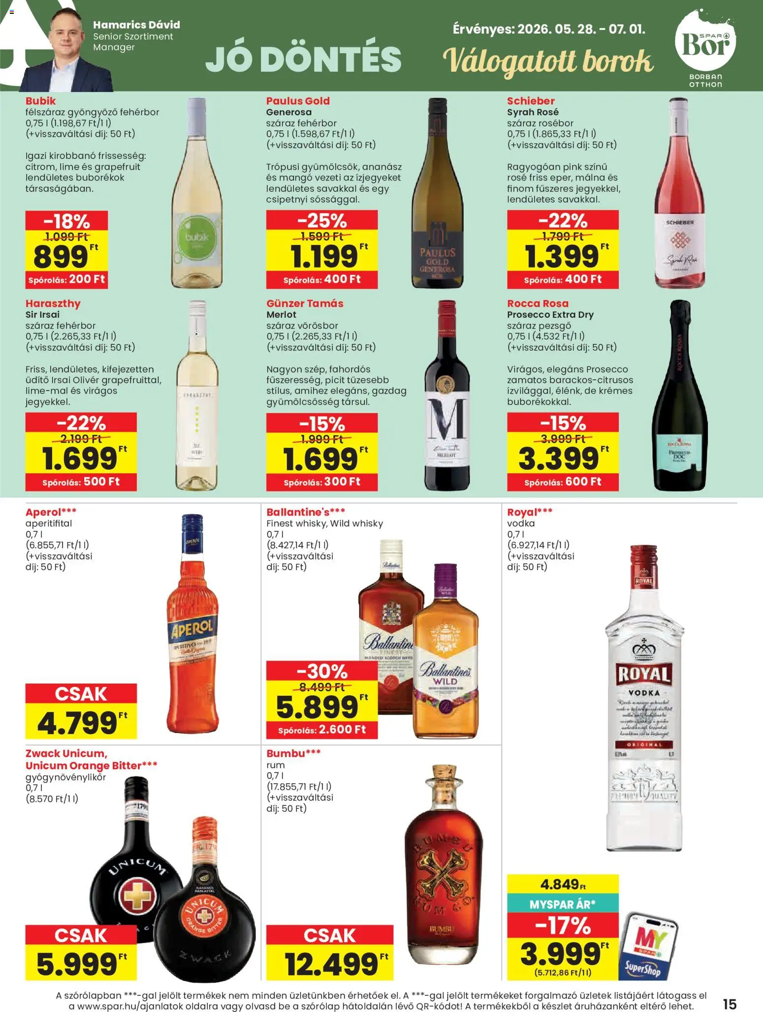 Spar akciós ujság - amely érvényes a következő dátumtól: 28.05.2026 | Oldal: 15 | Termékek: Lime, Aperol, Fehérbor, Vodka