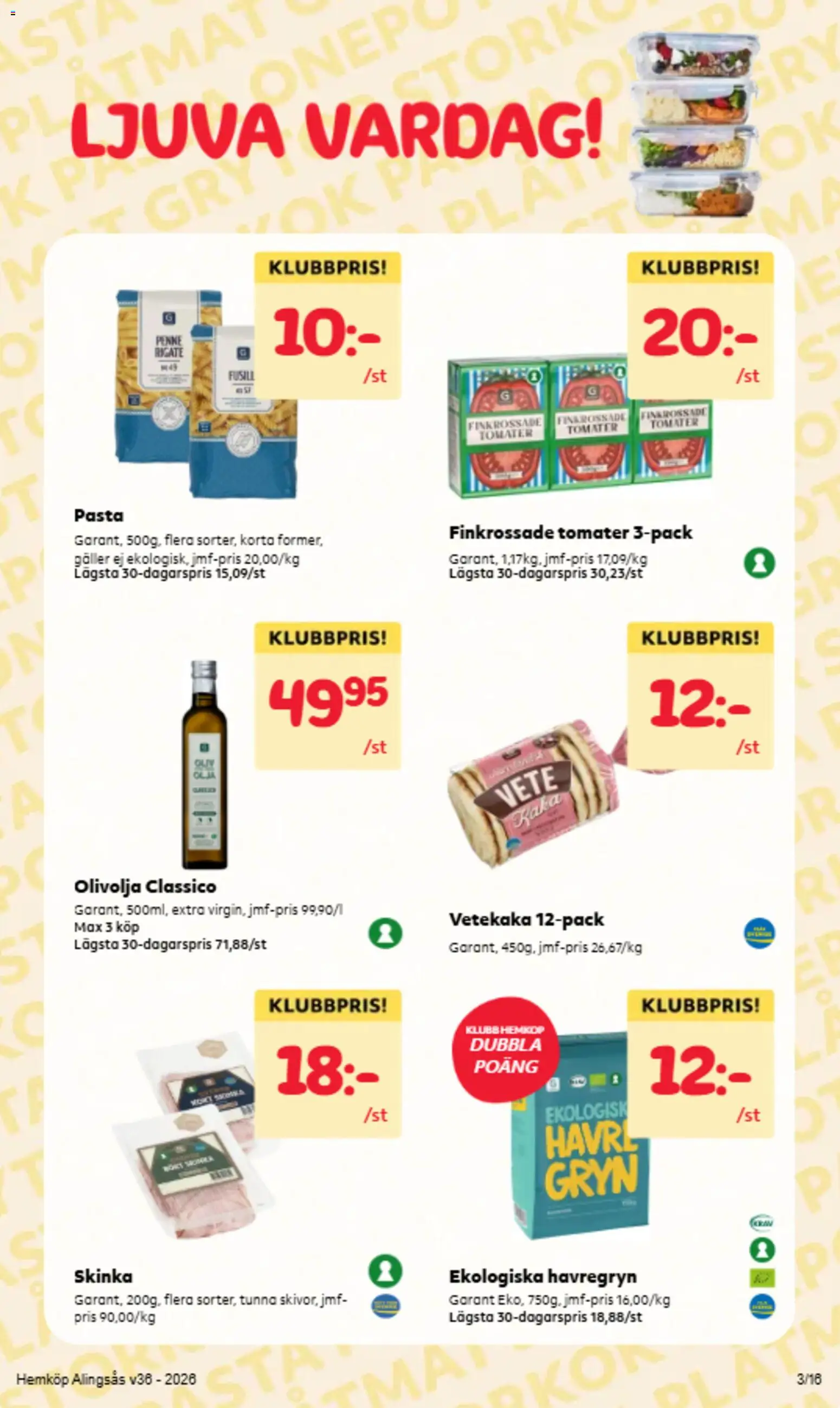 Hemköp reklamblad aktuell från 31/08/2026 | Sida: 13 | Produkter: Olivolja, Skinka, Tomater, Pasta
