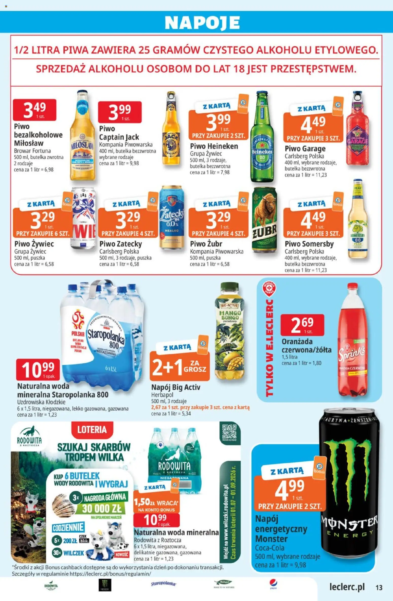 E.Leclerc gazetka od 11.08.2026 | Strona: 13 | Produkty: Carlsberg, Piwo zatecky, Woda, Heineken