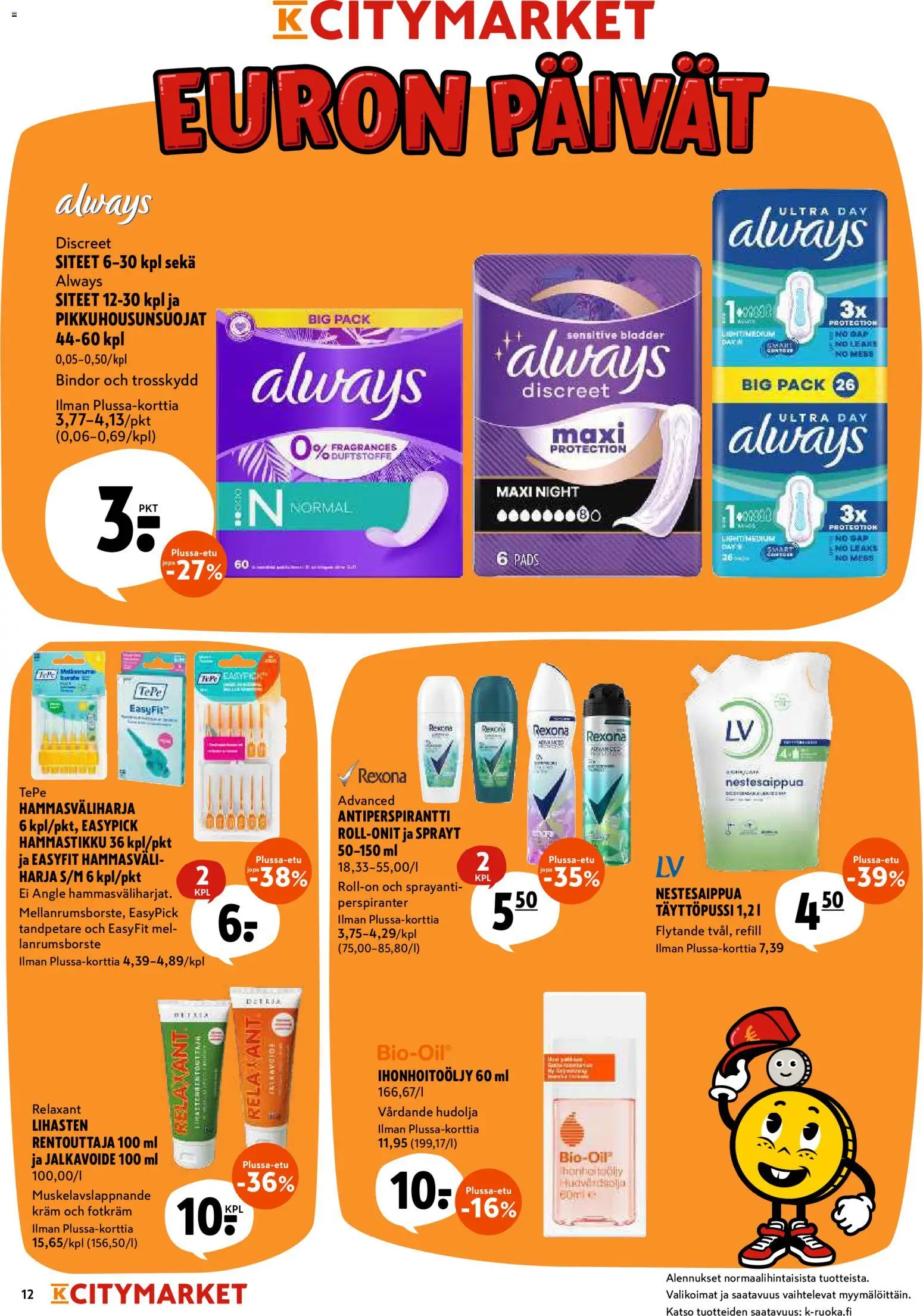 K-Citymarket tarjoukset – voimassa 08.06.2026 alkaen | Sivu: 12 | Tuotteet: Jalkavoide, Harja, Antiperspirantti, Siteet