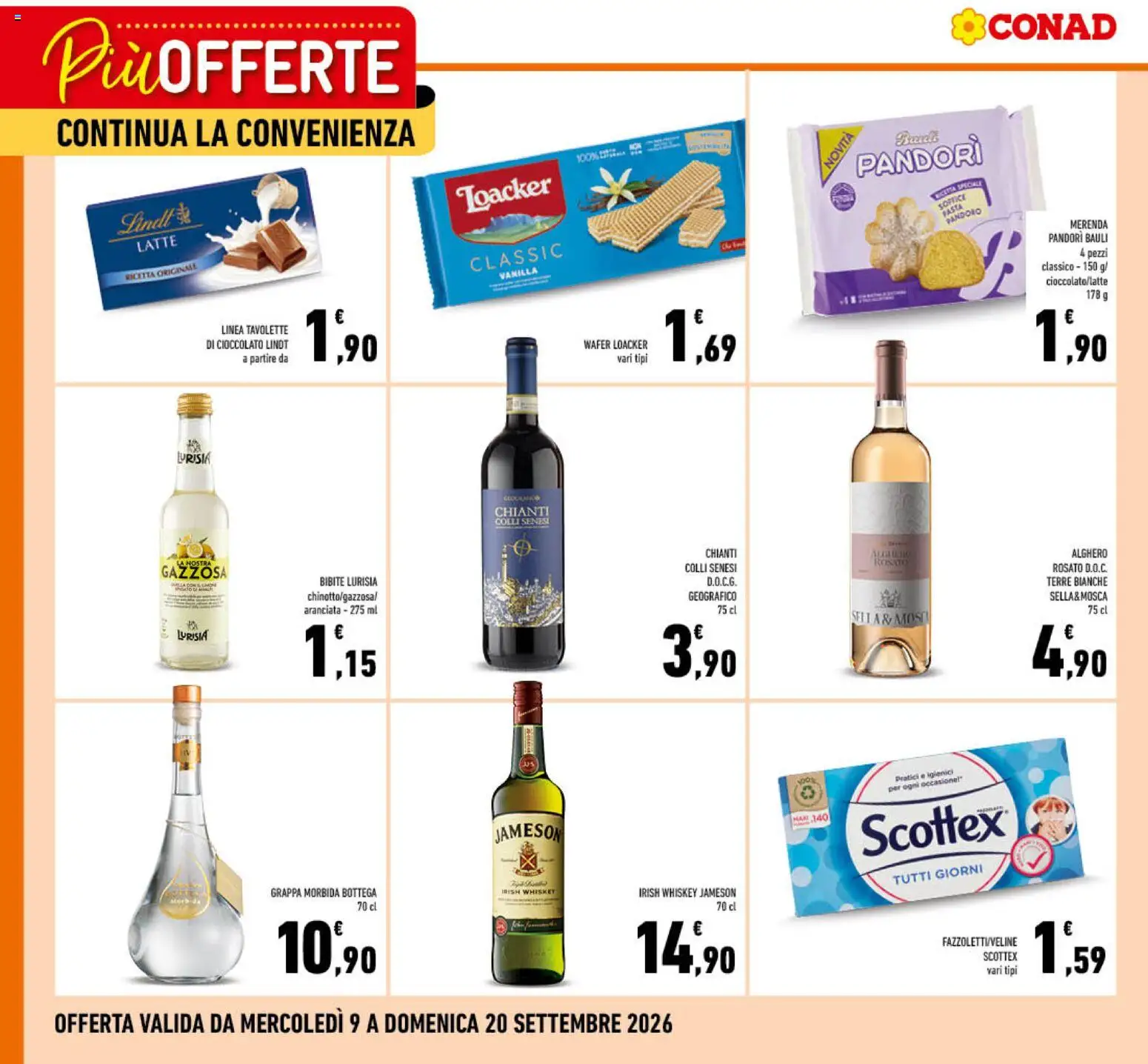 Volantino Conad del 09/09/2026 | Pagina: 2 | Prodotti: Cioccolato, Pasta, Pandoro, Bibite