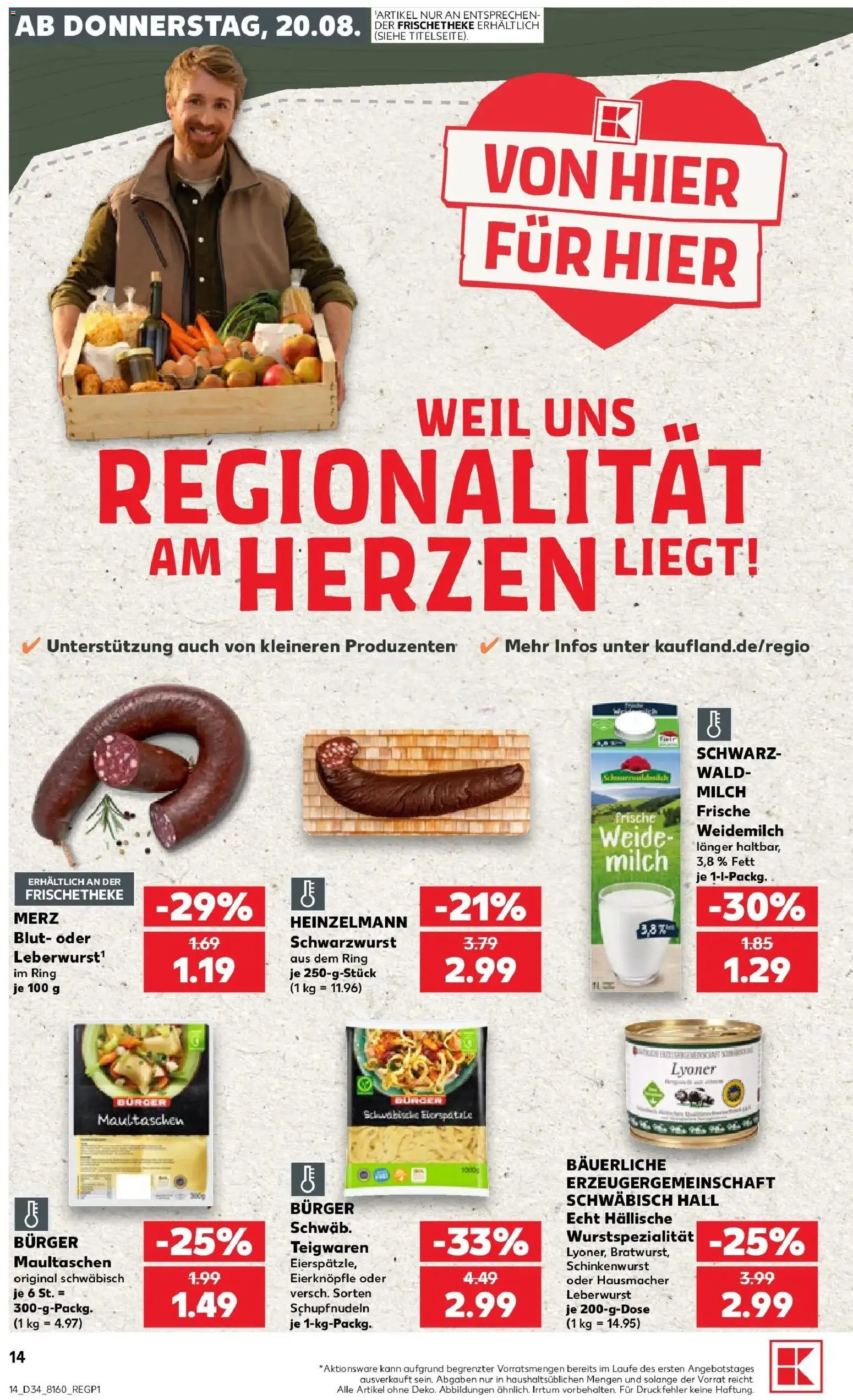 Prospekt Kaufland ab 20.08.2026 » Angebote Online zum Blättern | Seite: 14 | Produkte: Milch, Burger, Maultaschen