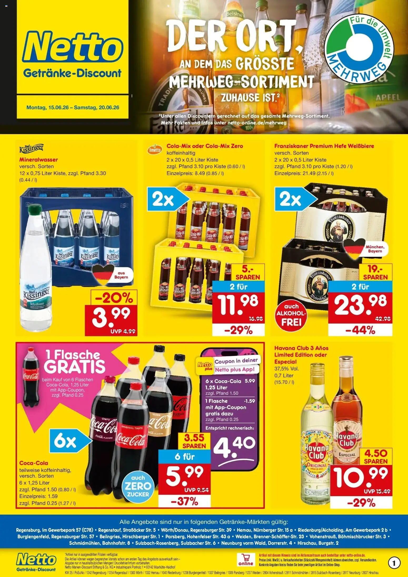 Netto Marken-Discount Prospekt Parsberg – gültig ab 15.06.2026 | Seite: 1 | Produkte: Franziskaner, Coca cola, Mineralwasser, Zucker