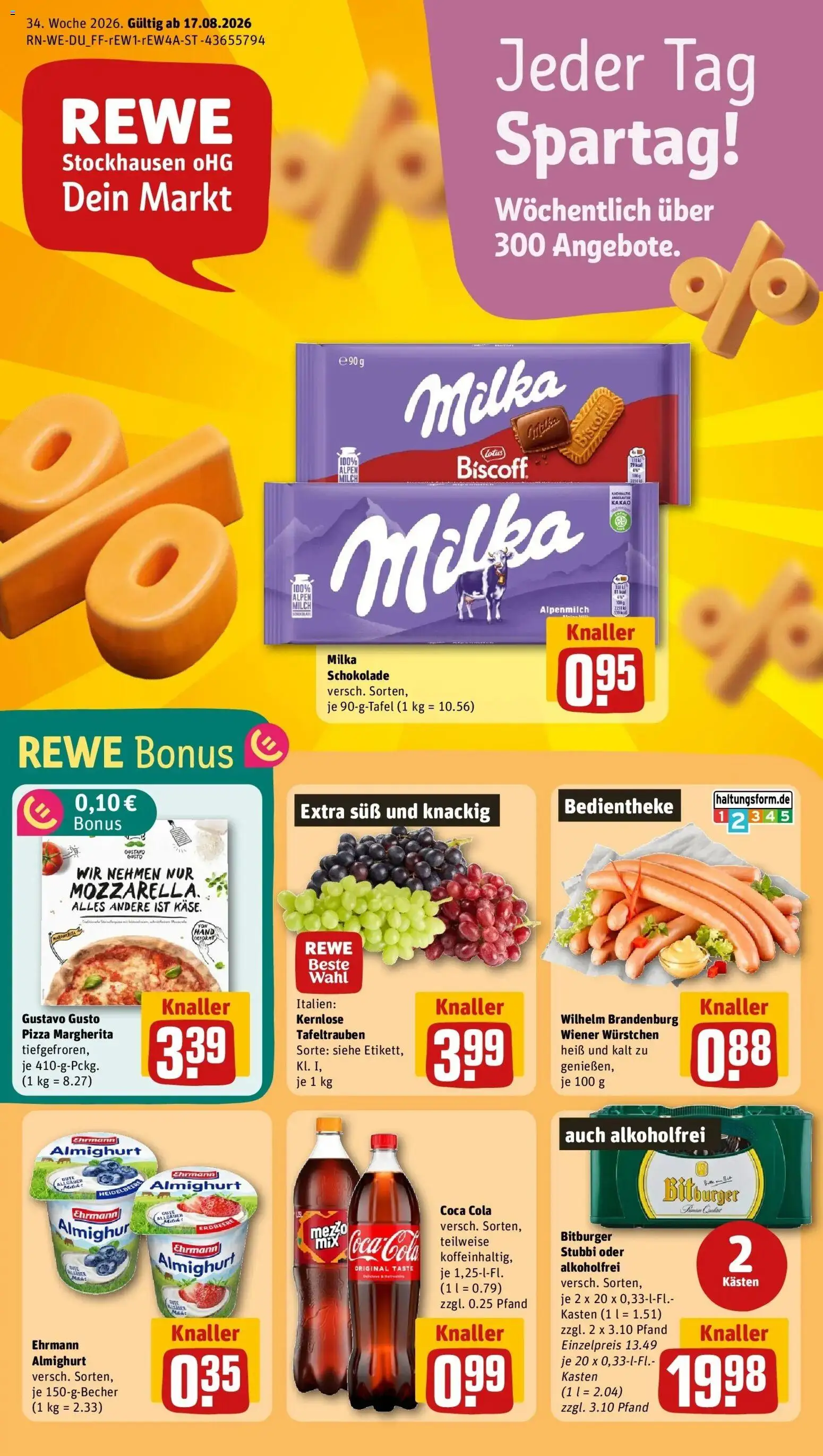 REWE Prospekt ab 17.08.2026 zum Blättern » Angebote | Seite: 1 | Produkte: Gustavo gusto, Wiener wurstchen, Burger, Milka