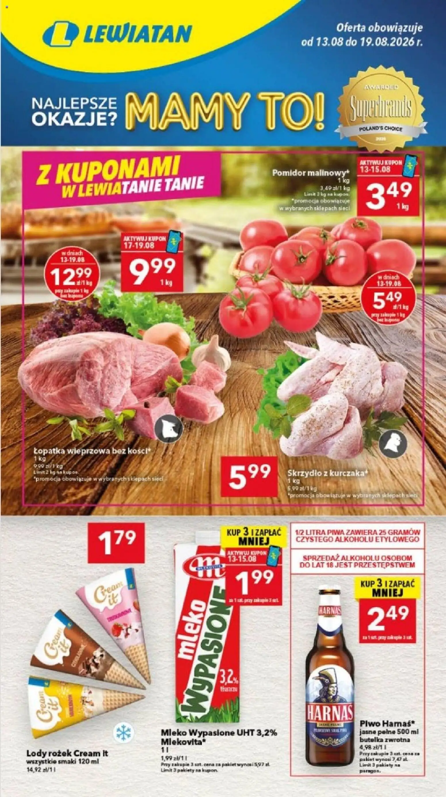 Lewiatan gazetka - Bydgoszcz od 13.08.2026 | Strona: 1 | Produkty: Pomidor malinowy, Harnaś, Piwo, Lody