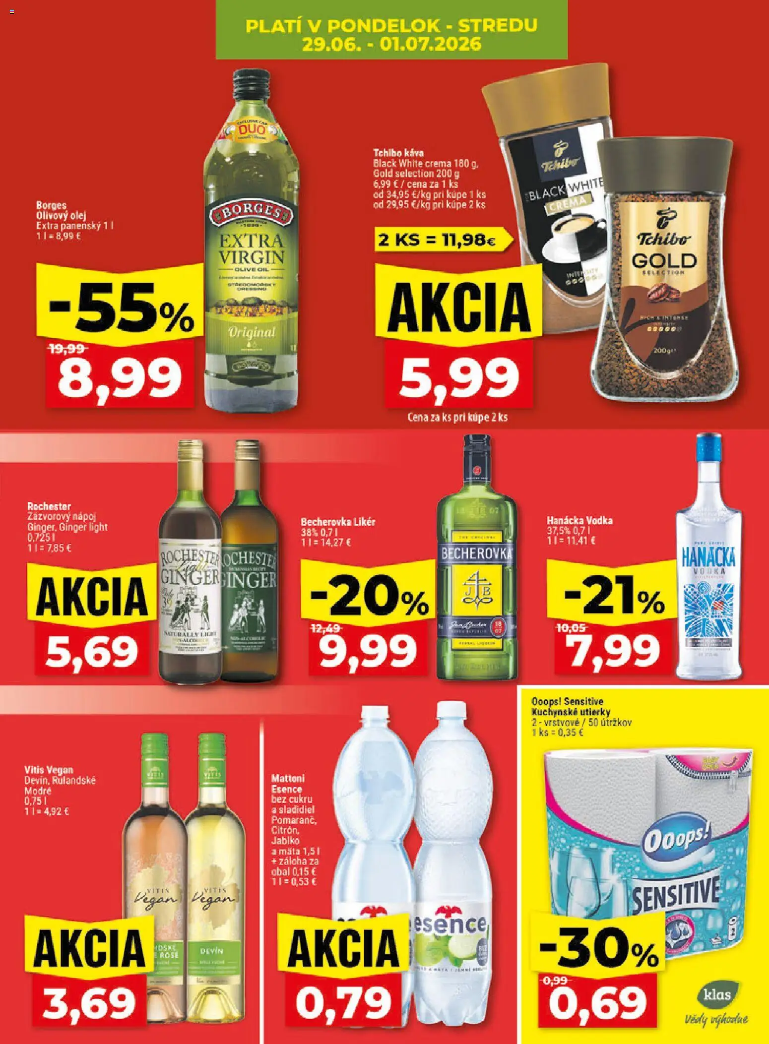 Nové Klas akcie – leták je platný od 29.06.2026 | Strana: 5 | Produkty: Becherovka, Olej, Olivový olej, Vodka