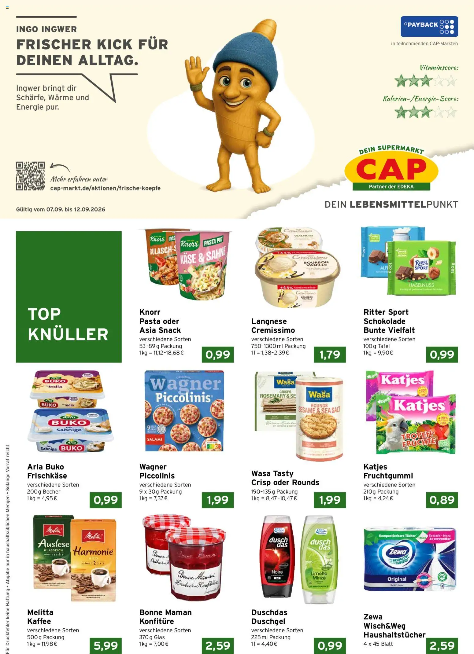 CAP Markt Prospekt – gültig ab 07.09.2026 | Seite: 1 | Produkte: Melitta, Langnese, Cremissimo, Käse
