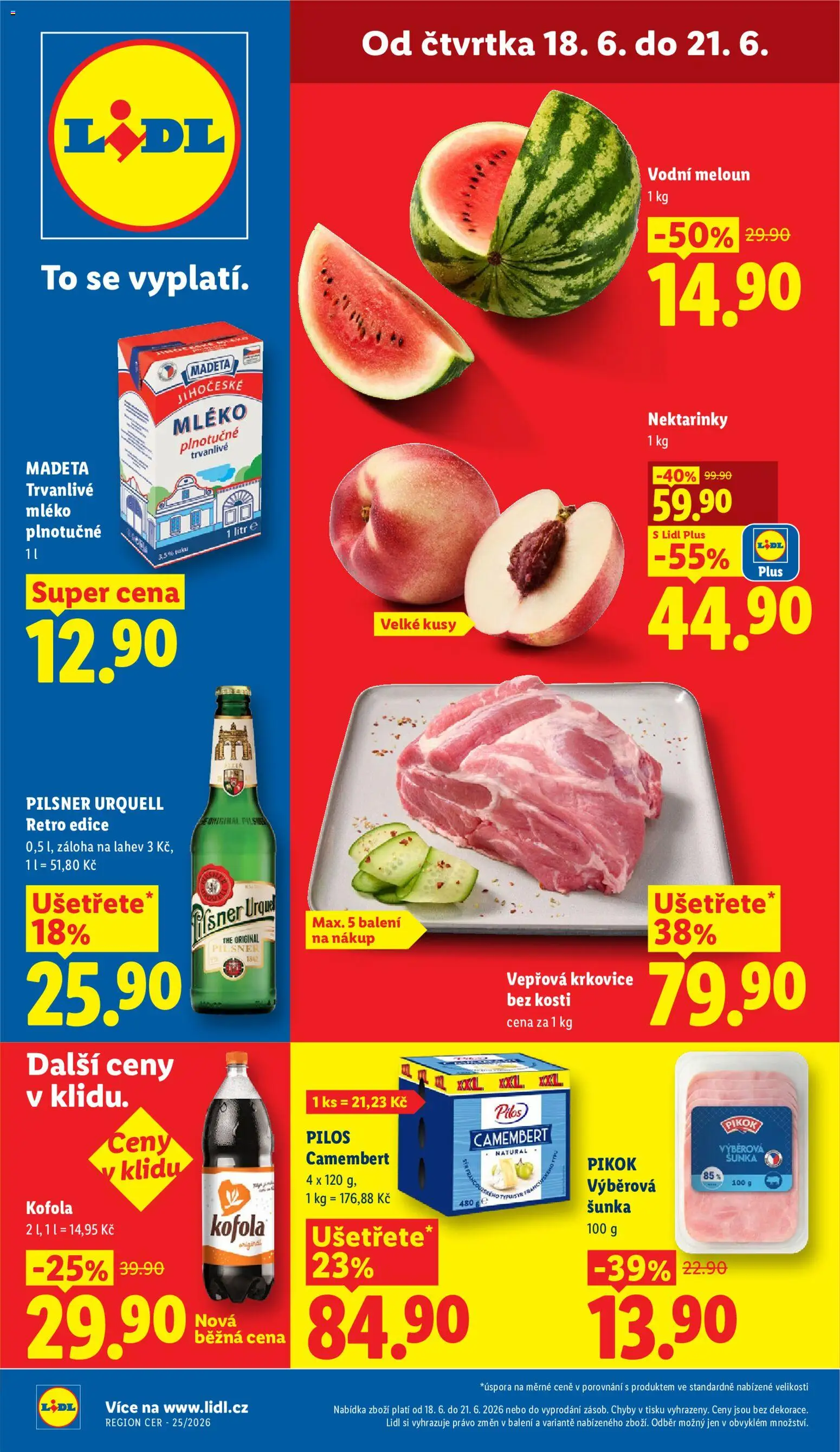 Lidl leták od 18.06.2026 | Strana: 1 | Produkty: Kofola, Krkovice, Camembert, Meloun vodní