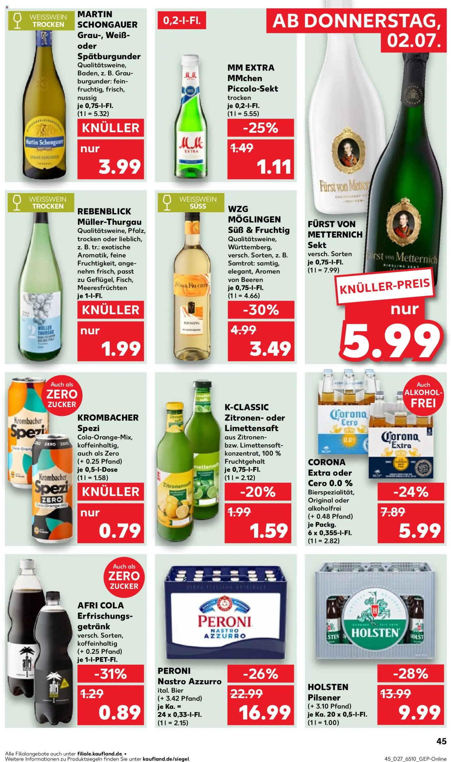 Kaufland Prospekt Köln – gültig ab 02.07.2026 | Seite: 45 | Produkte: Weißwein trocken, Holsten, Zucker, Krombacher