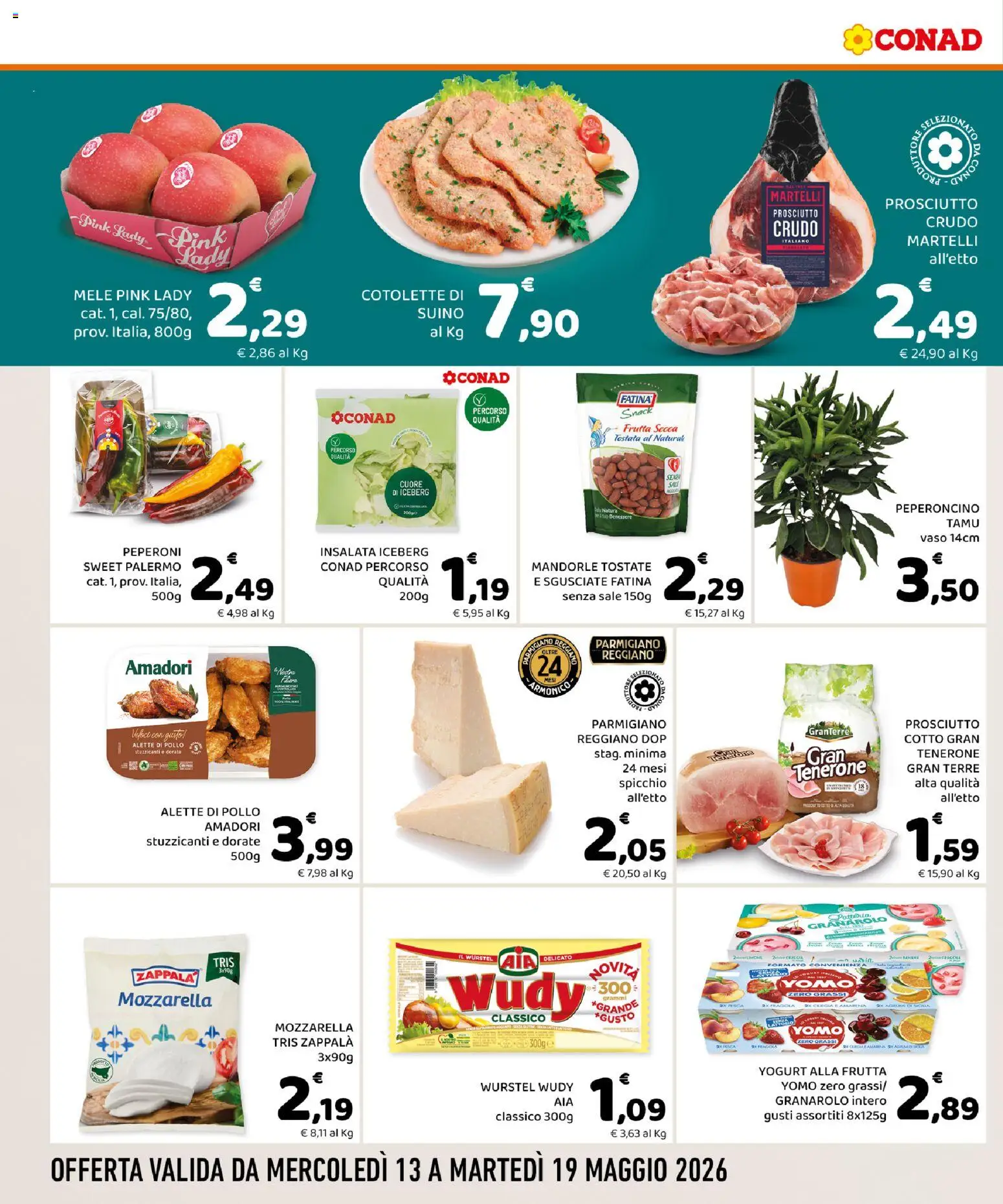 Volantino Conad del 13.05.2026 | Pagina: 2 | Prodotti: Prosciutto Cotto, Insalata, Peperoncino, Mandorle