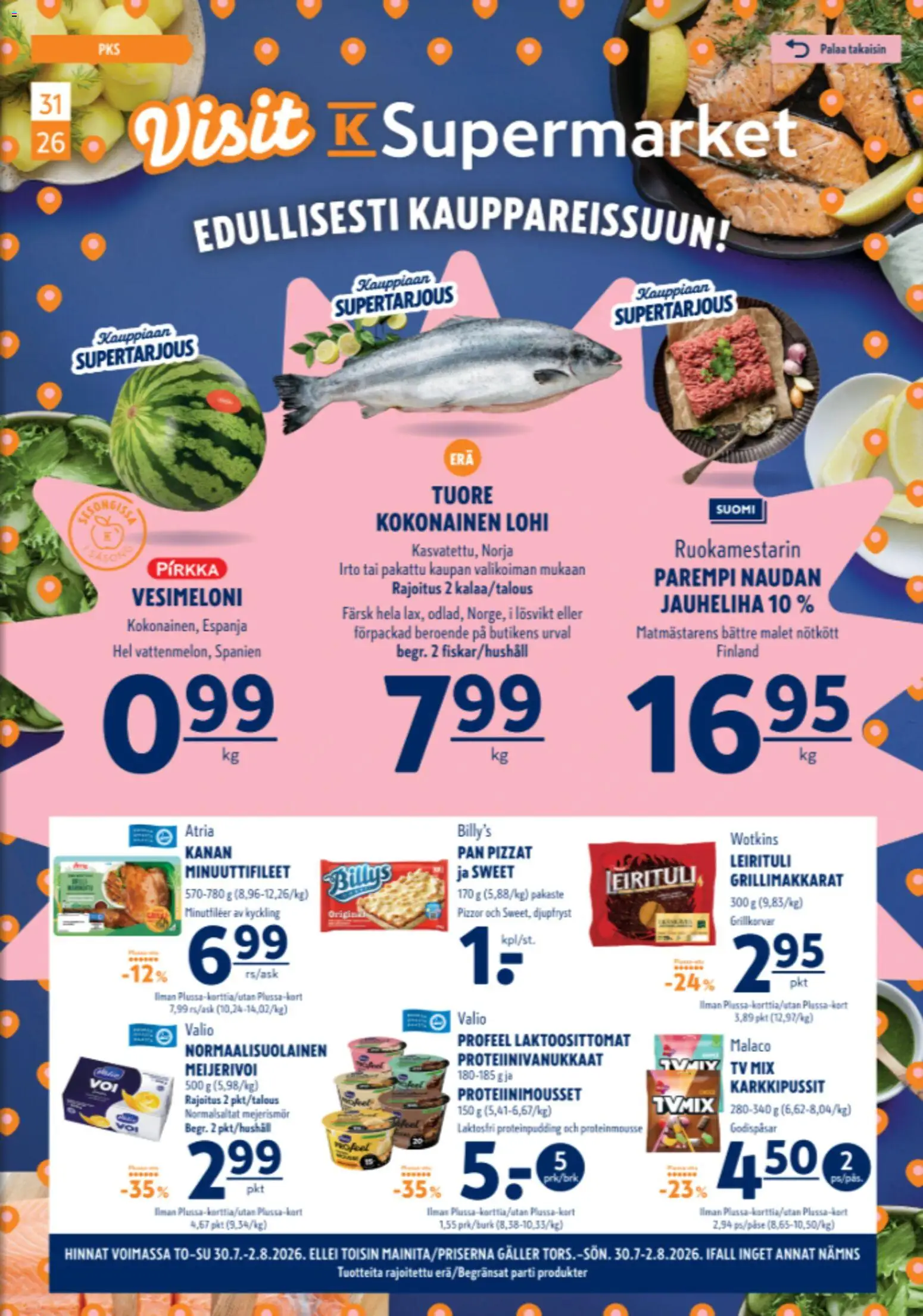K-Supermarket tarjoukset – voimassa 30/07/2026 alkaen | Sivu: 1 | Tuotteet: Lohi, Kokonainen, Jauheliha, Vesimeloni