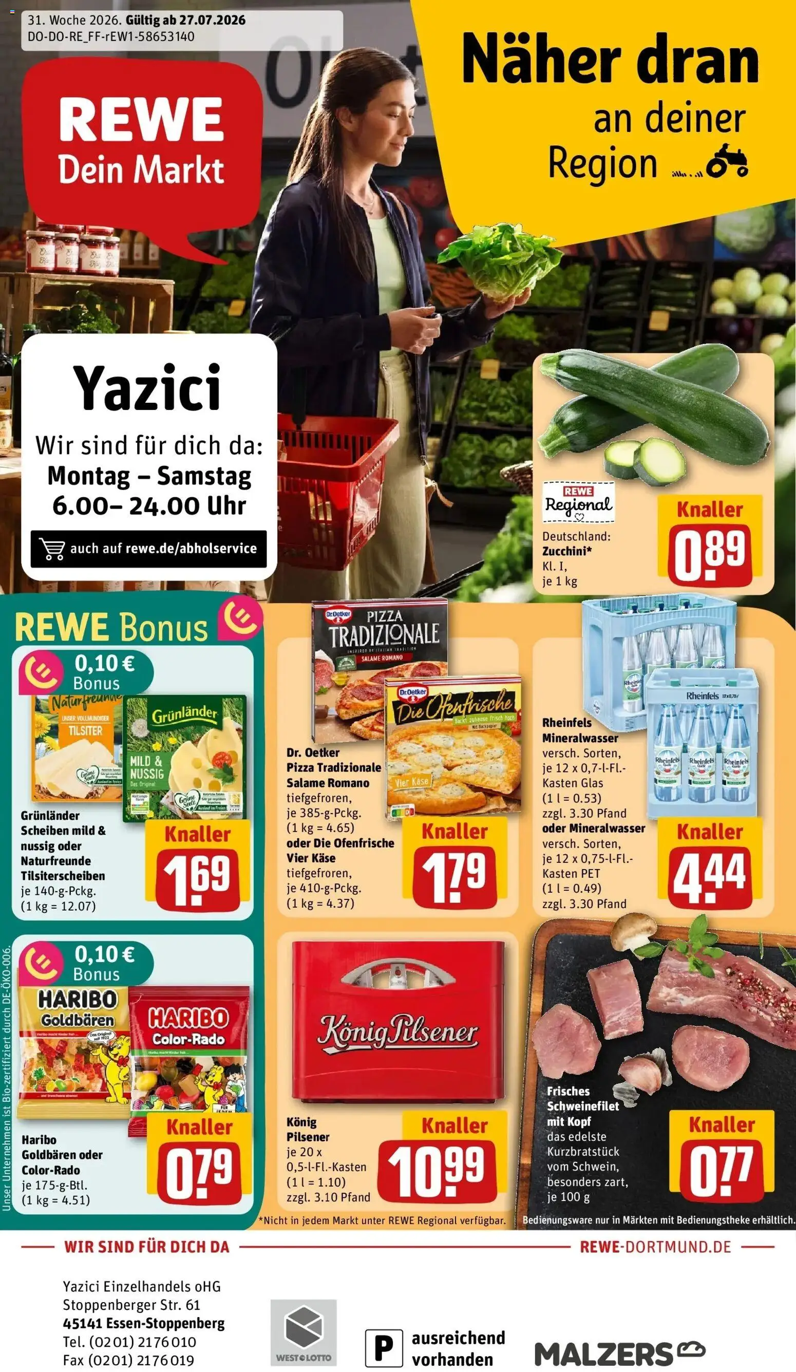 Rewe Prospekt Essen – gültig ab 27.07.2026 | Seite: 1 | Produkte: Ofenfrische, Schweinefilet, Grunlander, Uhr