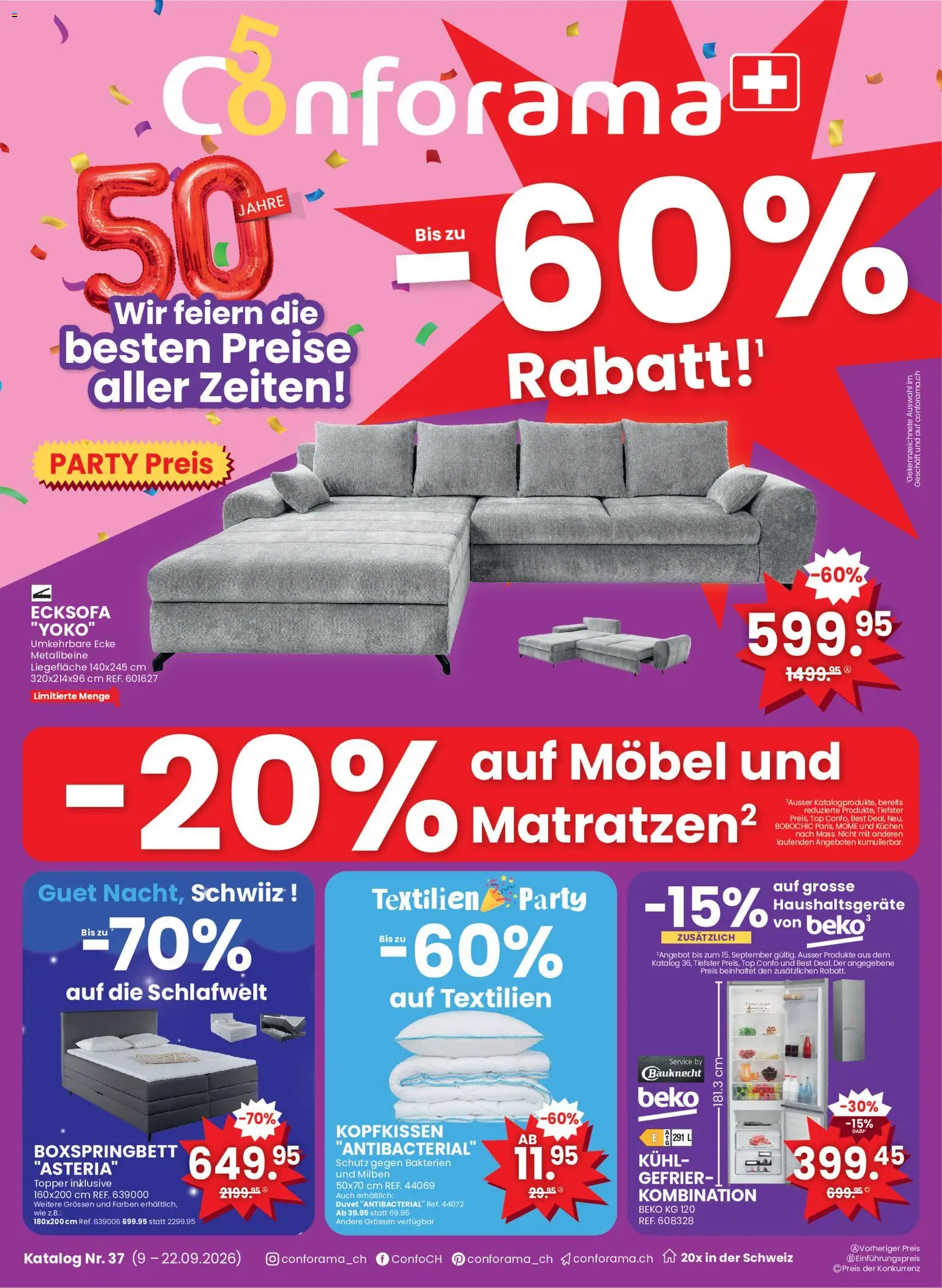 Conforama aktionen – gültig ab 09.09.2026 | Seite: 1 | Produkte: Kopfkissen, Top, Boxspringbett, Ecksofa