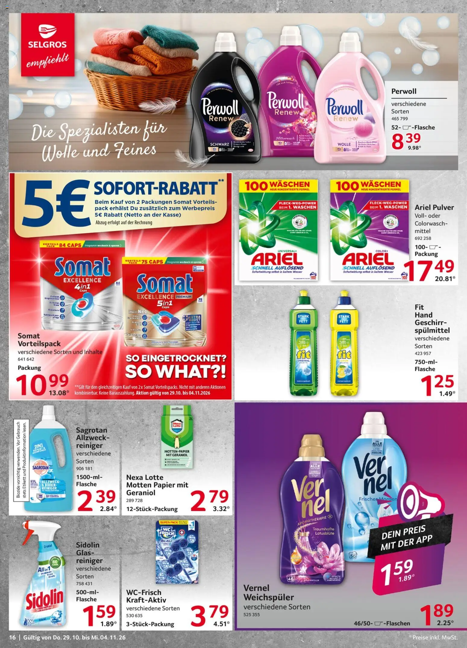 Selgros Prospekt – gültig ab 29.10.2026 | Seite: 16 | Produkte: Perwoll, Wasser, Weichspüler, Vernel