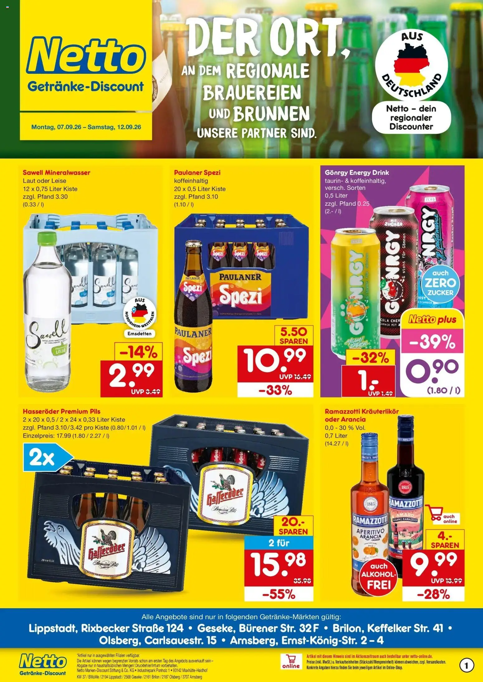 Netto Marken-Discount Prospekt Olsberg – gültig ab 07.09.2026 | Seite: 1 | Produkte: Energy, Paulaner spezi, Zucker, Paulaner