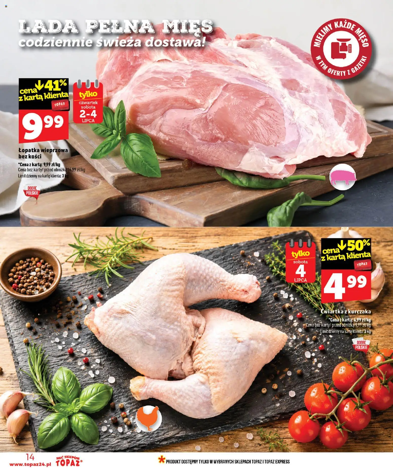 Topaz gazetka od 02.07.2026 | Strona: 14 | Produkty: Karta, Mięso, Łopatka wieprzowa, Ćwiartka z kurczaka