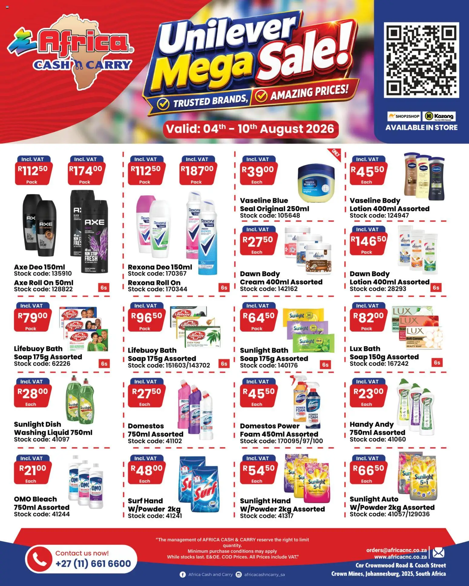 New Africa Cash & Carry catalogue – valid from 04/08/2026 | Page: 1 | Products: Shower, Bleach, Powder, Stock