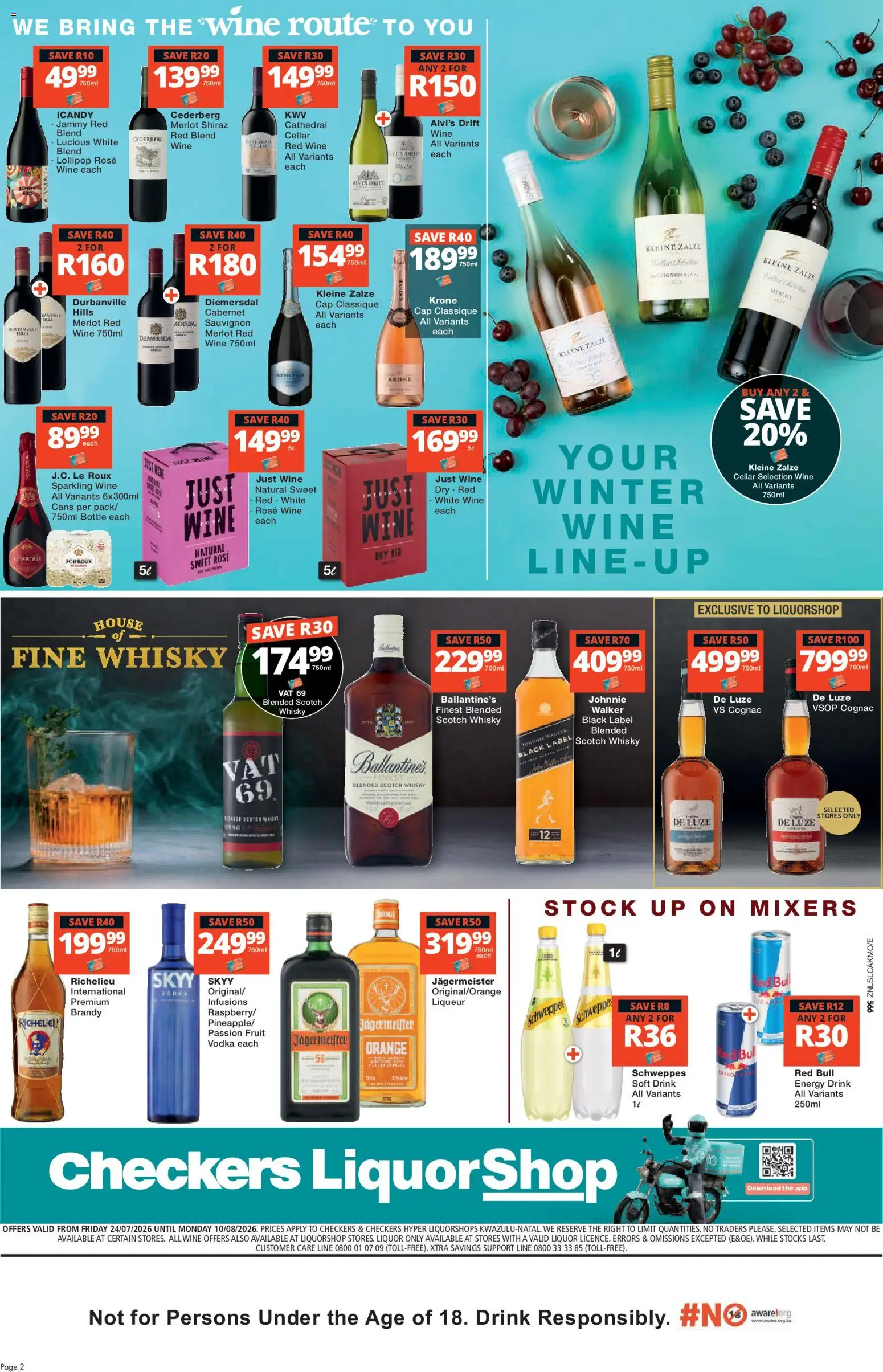 New Checkers catalogue – valid from 24/07/2026 | Page: 2 | Products: Wine, Vodka, Fruit, Ensalada de quino