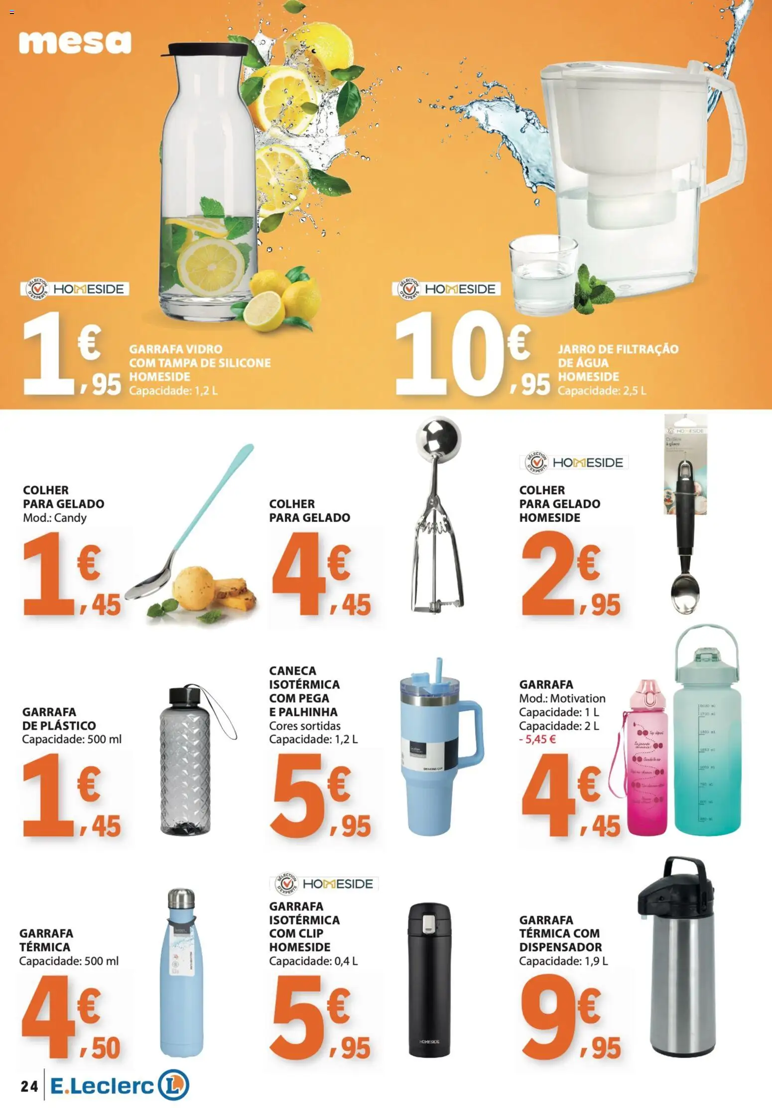 E.Leclerc folheto Bebidas, Gelados e Iogurtes │ válido de 16.06.2026 | Página: 24 | Produtos: Garrafa térmica, Caneca, Mesa, Gelado