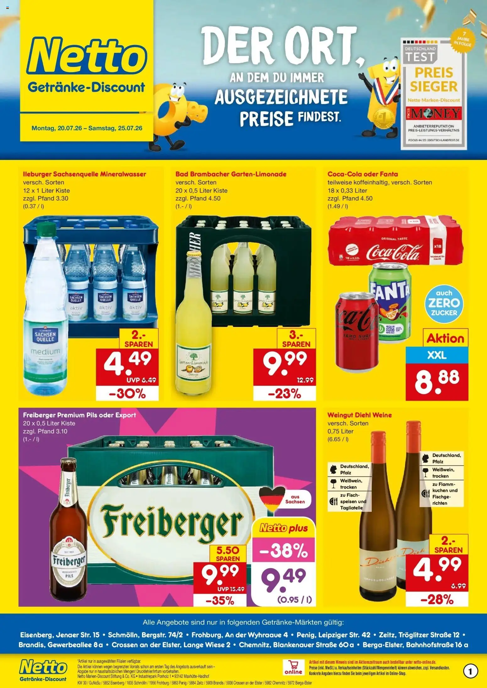 Netto Marken-Discount Prospekt Schmölln – gültig ab 20.07.2026 | Seite: 1 | Produkte: Fanta, Bad, Mineralwasser, Kuchen