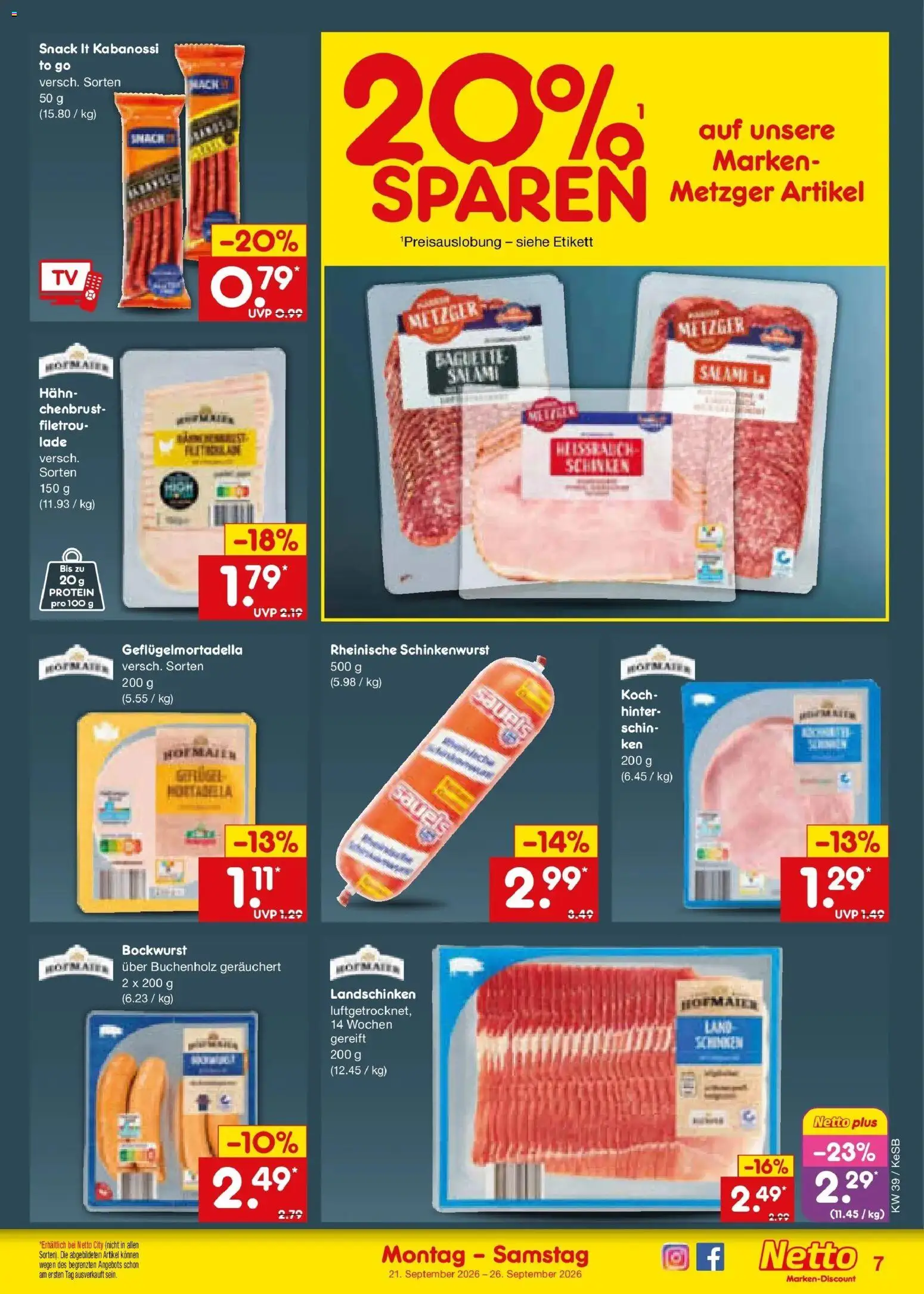 Netto Marken-Discount Prospekt Kruft – gültig ab 21.09.2026 | Seite: 11 | Produkte: Bockwurst, Baguette, Schinken, TV