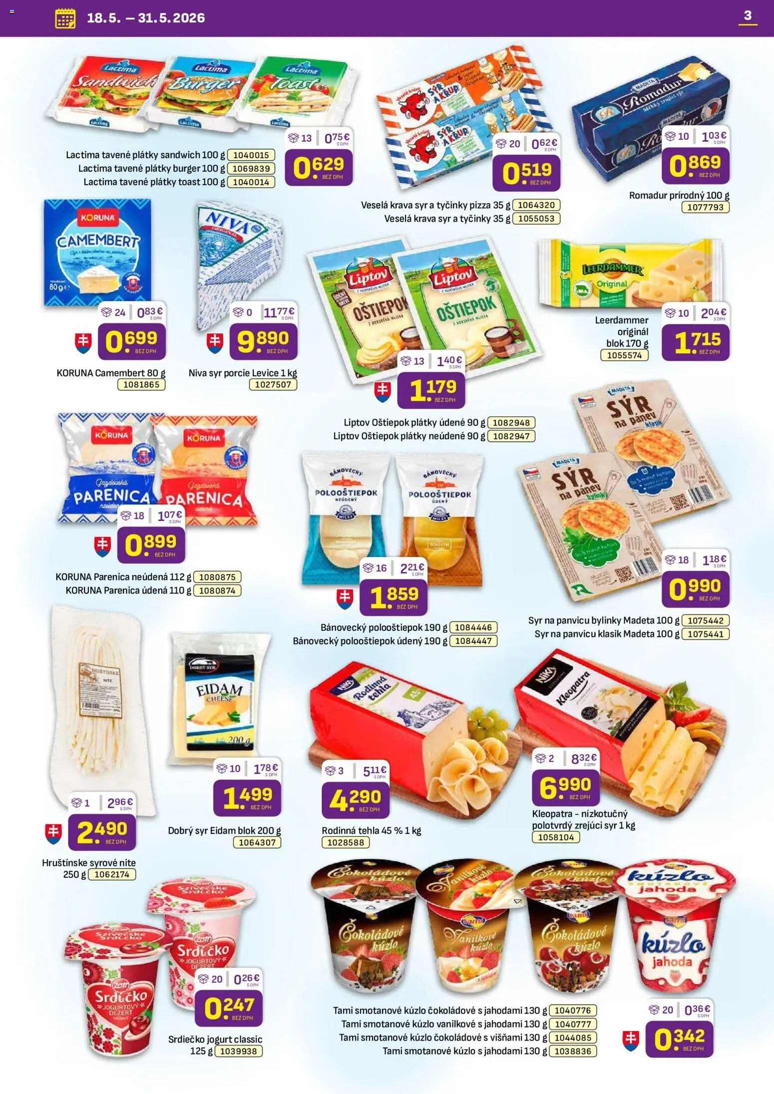 Nové Libex akcie – leták je platný od 18.05.2026 | Strana: 3 | Produkty: Syr, Jogurt, Pizza, Eidam