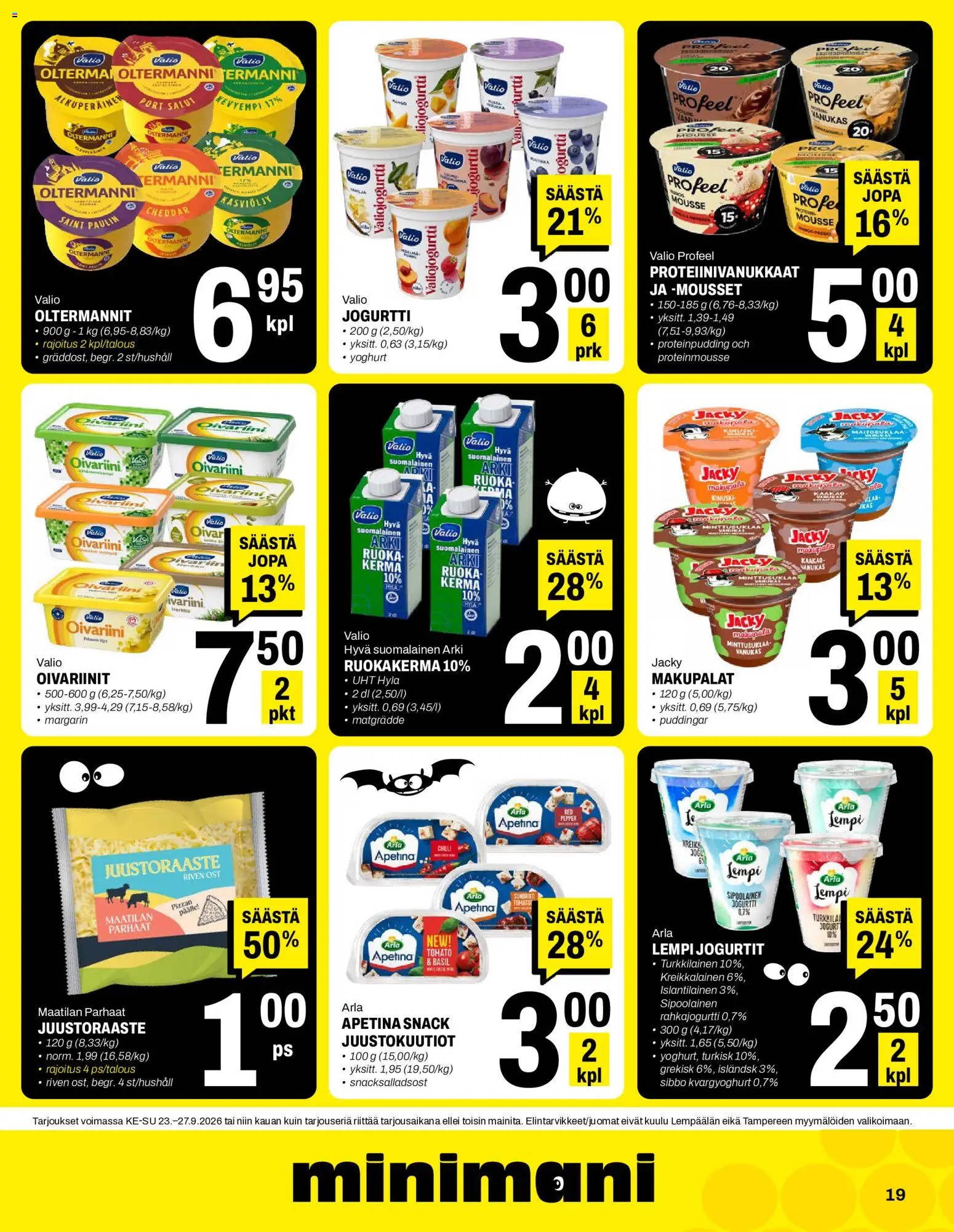 Minimani tarjoukset – voimassa 23/09/2026 alkaen | Sivu: 19 | Tuotteet: Juustoraaste, Mousse, Cheddar, Kerma