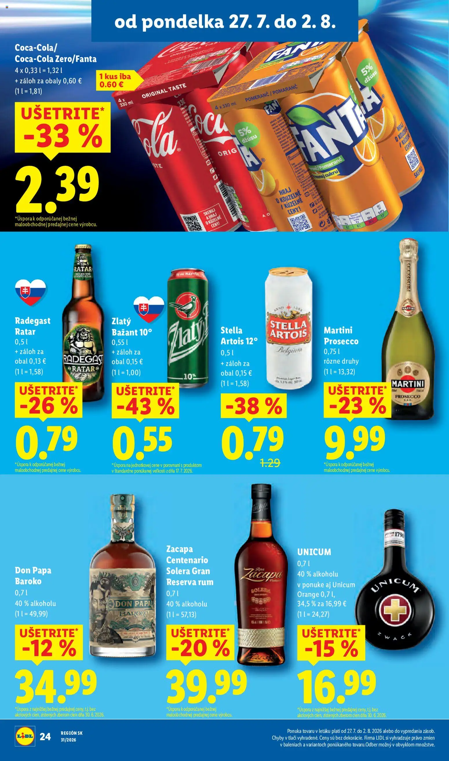 Nové Lidl akcie – leták je platný od 27.07.2026 | Strana: 34 | Produkty: Prosecco, Radegast, Zlatý Bažant, Rum