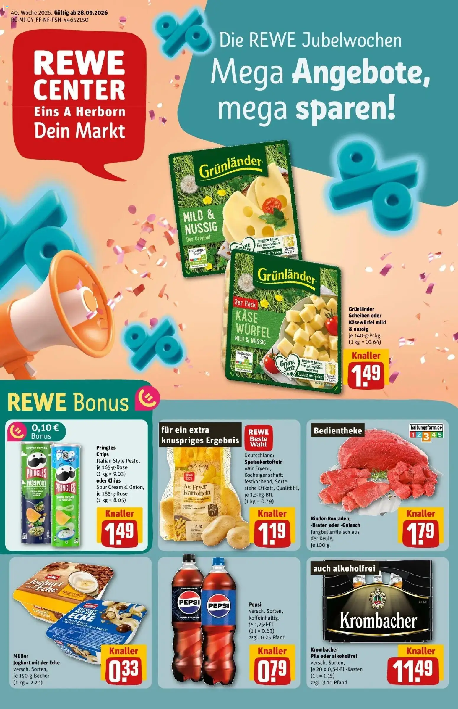 REWE Prospekt ab 28.09.2026 zum Blättern » Angebote | Seite: 1 | Produkte: Pils, Kartoffeln, Grunlander, Krombacher