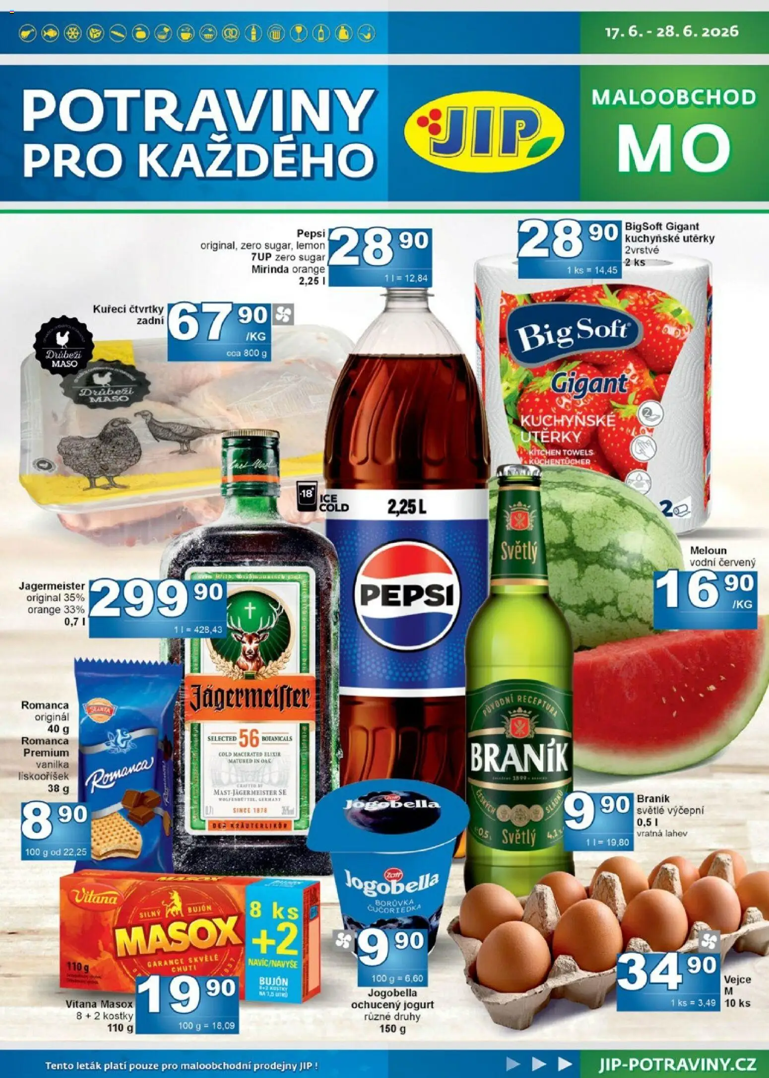 Jip leták od 17.06.2026 | Strana: 1 | Produkty: Kuřecí čtvrtky, Utěrky, Maso, Láhev