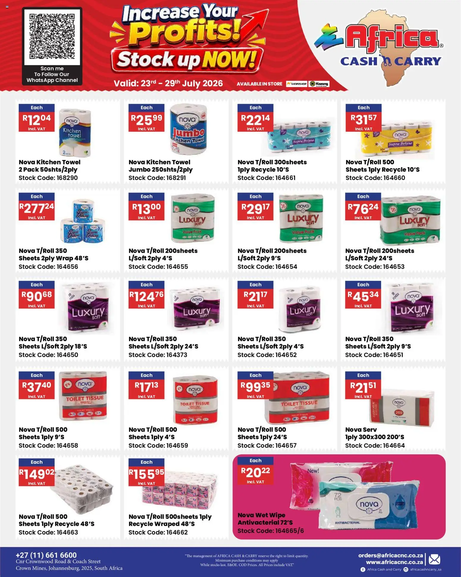 New Africa Cash & Carry catalogue – valid from 23/07/2026 | Page: 68 | Products: Toilet, Towel, Stock