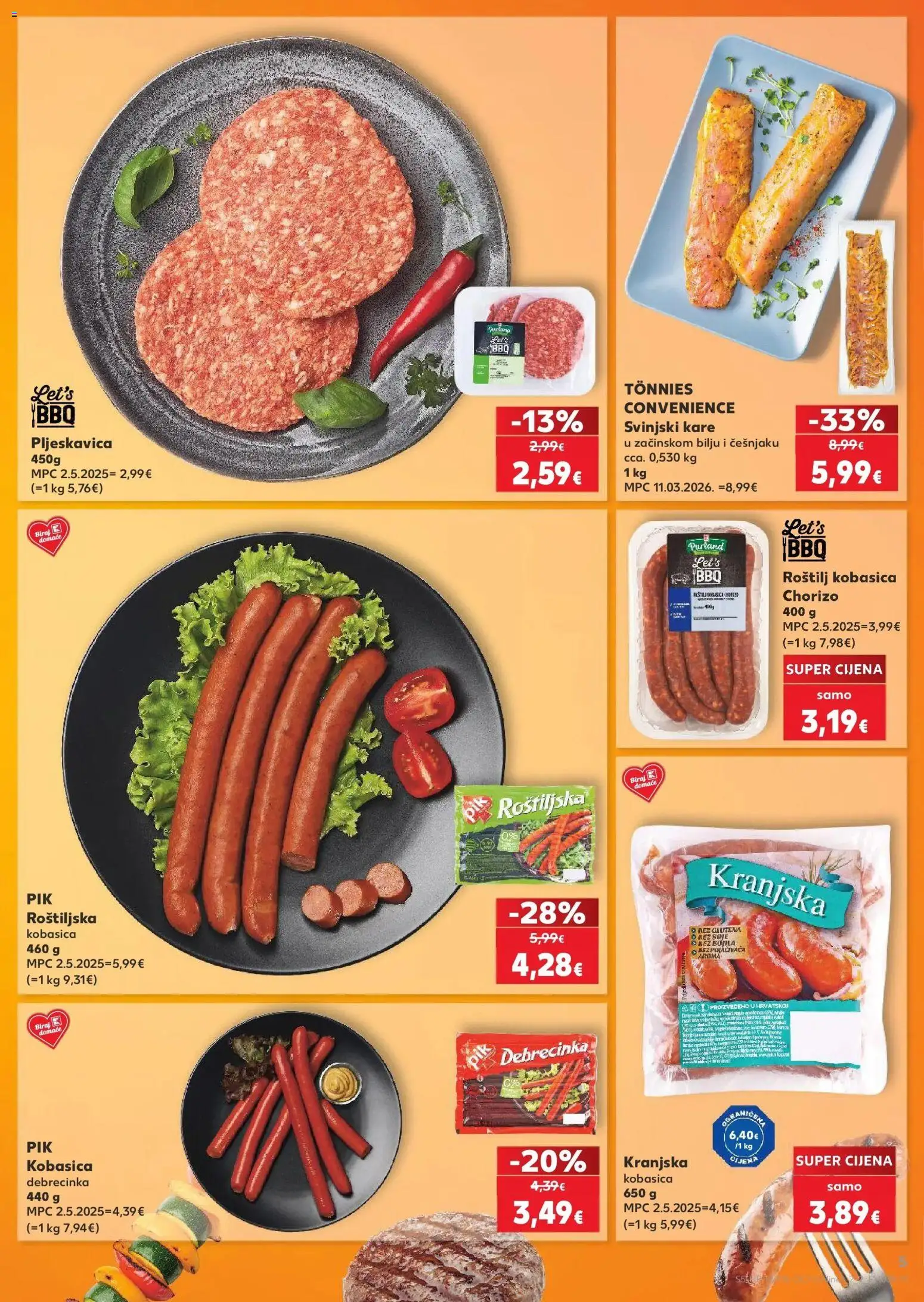 Kaufland katalog | vrijedi od 08.04.2026 | Stranica: 5 | Proizvodi: Roštilj, Svinjski kare, Kranjska kobasica, Kobasica