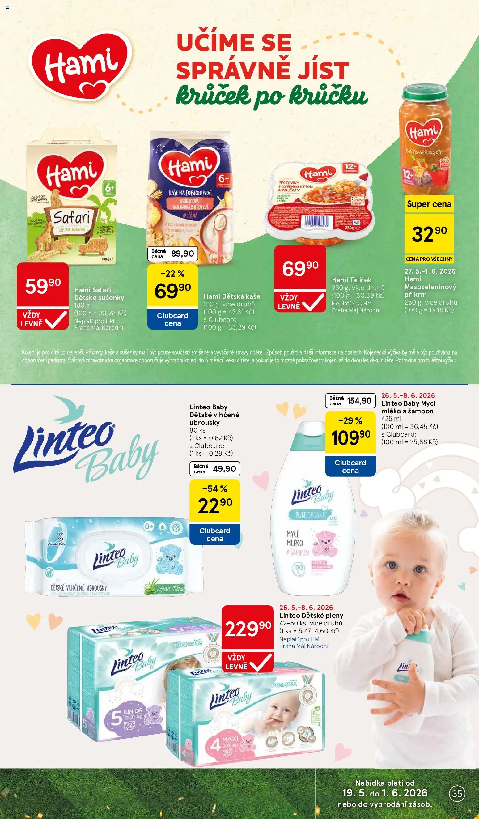 Tesco leták - Hypermarket od 27.05.2026 | Strana: 35 | Produkty: Vlhčené ubrousky, Dětské pleny, Šampon, Sušenky