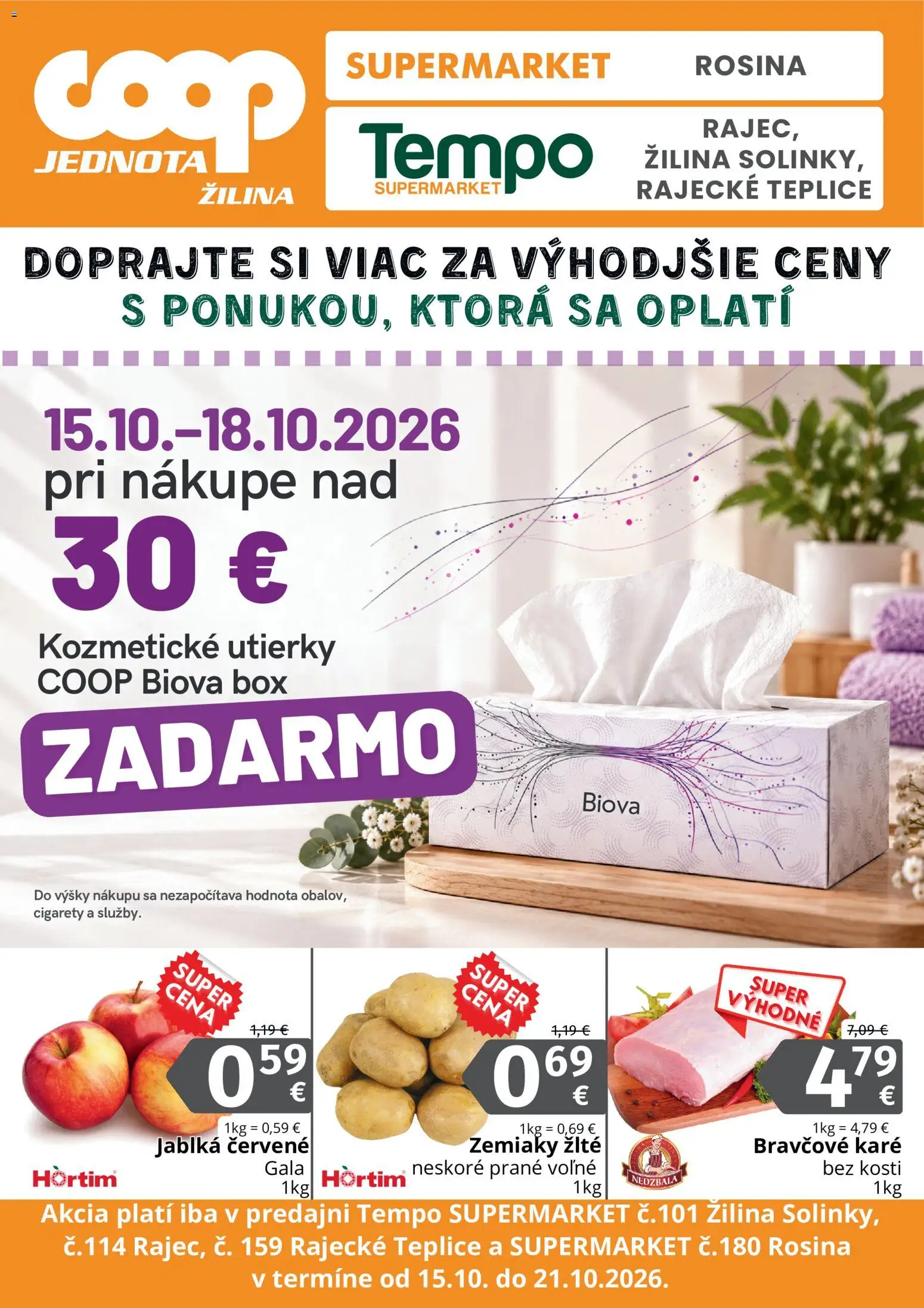 Nové COOP Jednota akcie – leták je platný od 15.10.2026 | Strana: 1 | Produkty: Jablká, Zemiaky, Utierky, Bravčové karé