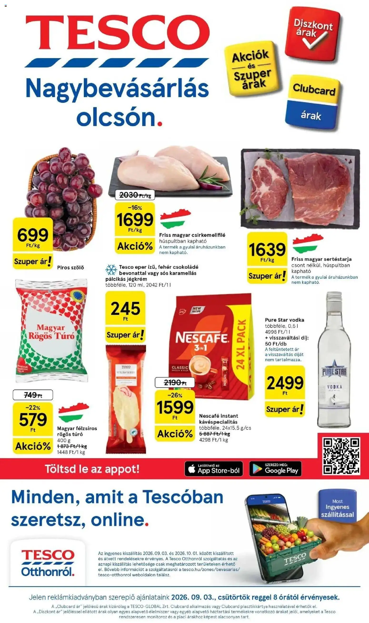 Tesco akciós ujság - amely érvényes a következő dátumtól: 2026.09.03. | Oldal: 1 | Termékek: Szőlő, Nescafé, Sertéstarja, Eper
