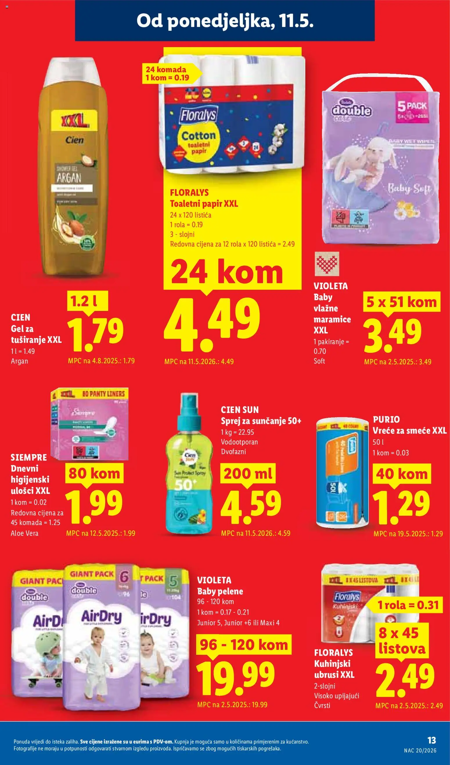 Lidl katalog | vrijedi od 11.05.2026 | Stranica: 13 | Proizvodi: Higijenski ulošci, Gel za tuširanje, Vreće za smeće, Violeta