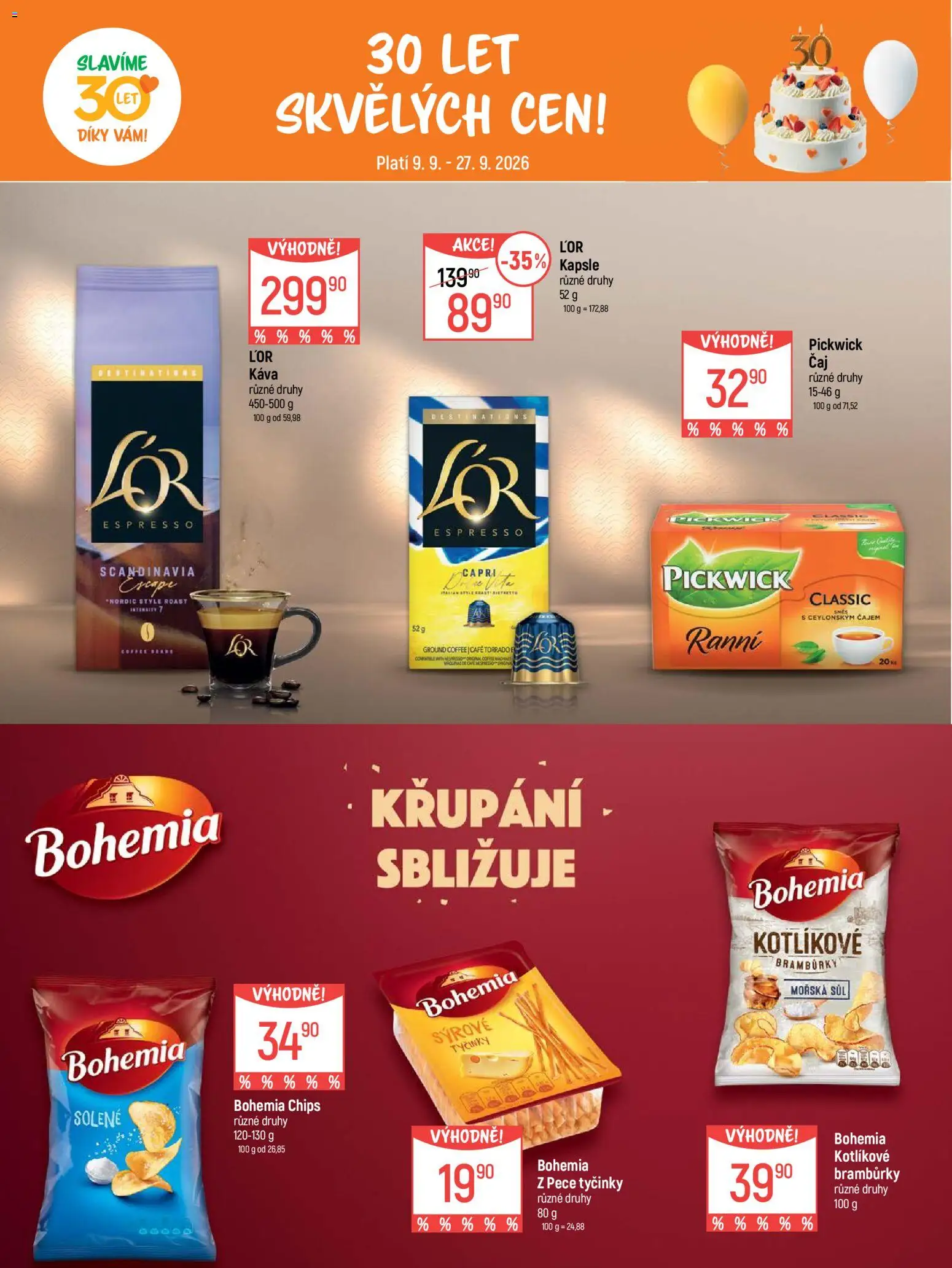 Globus leták - Pomáháme 30 let od 09.09.2026 | Strana: 16 | Produkty: Káva, Kapsle, Tyčinky, Bohemia chips