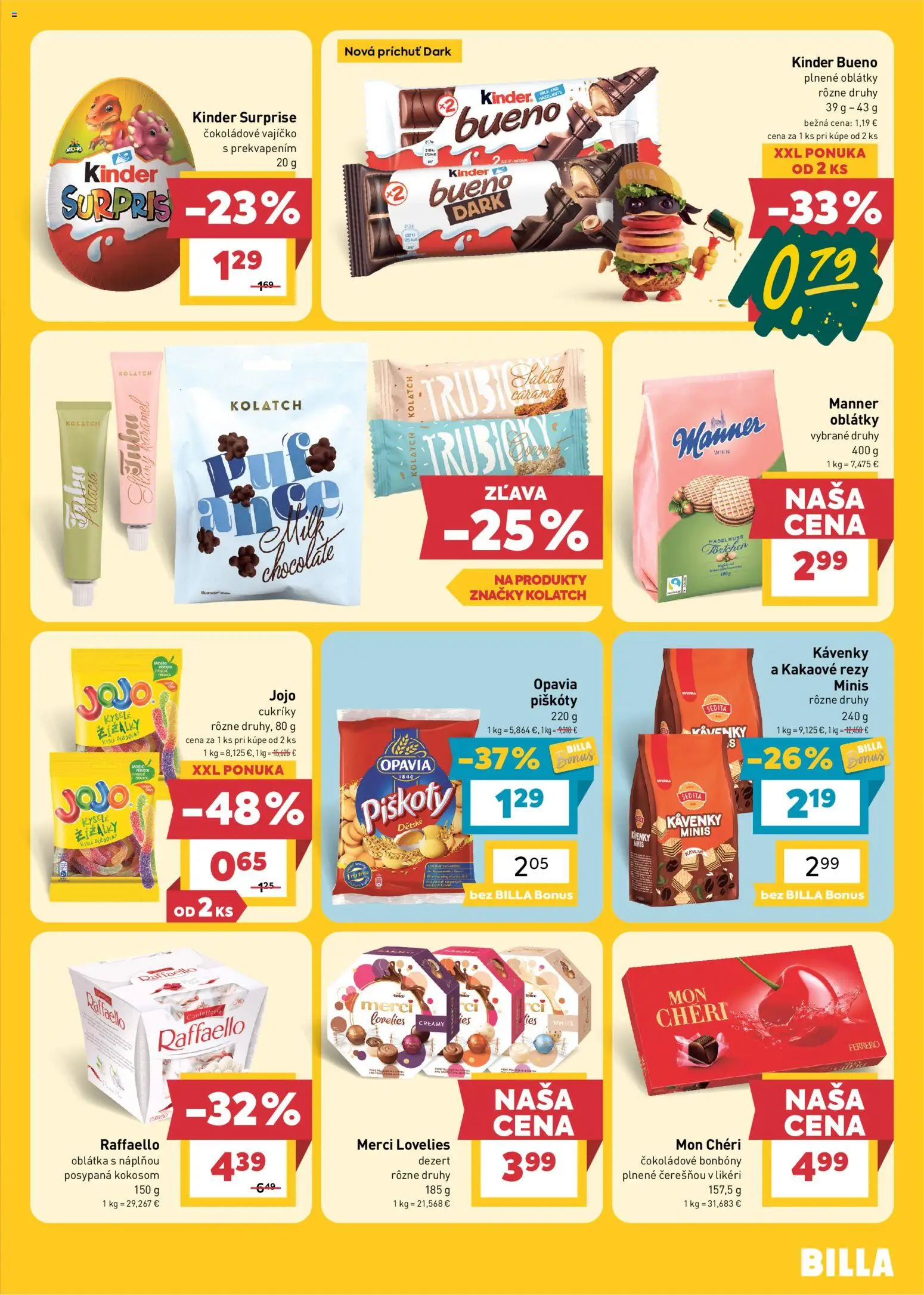 Nové Billa akcie – leták je platný od 28.10.2026 | Strana: 19 | Produkty: Mon Chéri, Kinder Bueno, Kinder Surprise, Raffaello