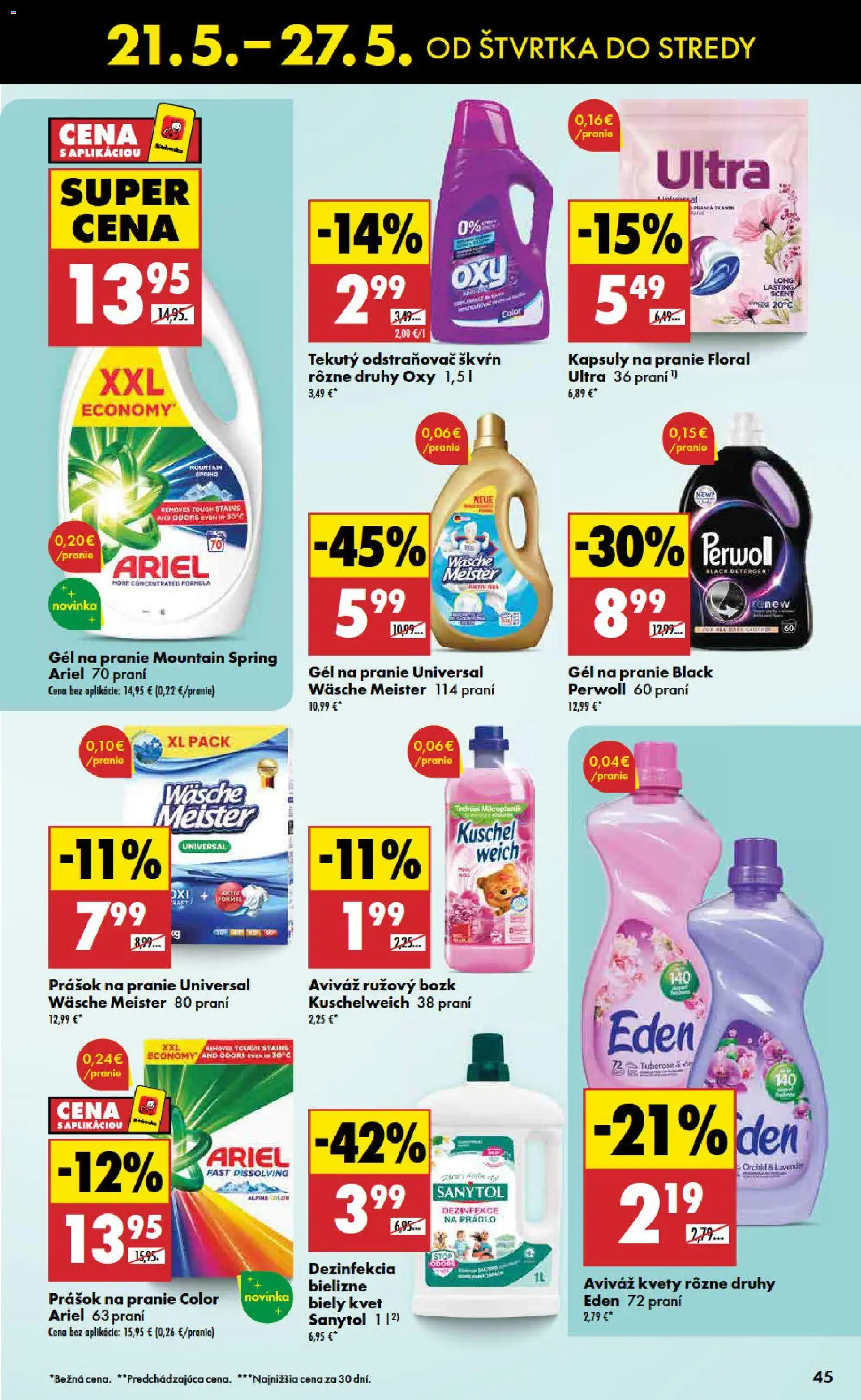 Nové Biedronka akcie – leták je platný od 21.05.2026 | Strana: 45 | Produkty: Prášok na pranie, Aviváž, Ariel, Kvety