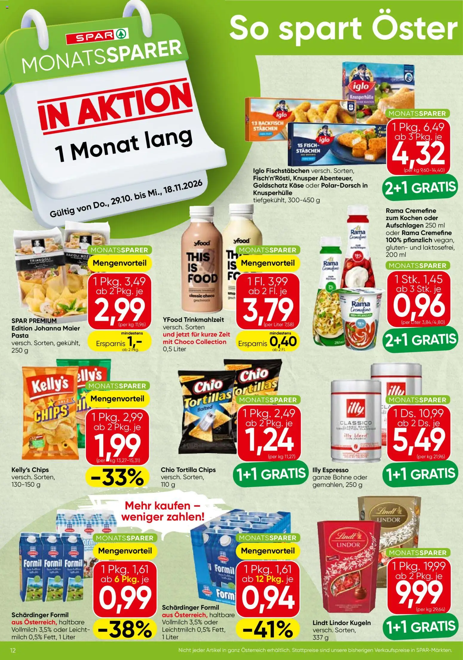 Spar Broschüre gültig ab 29.10.2026 | Seite: 12 | Produkte: Pasta, Milch, Käse, Fisch