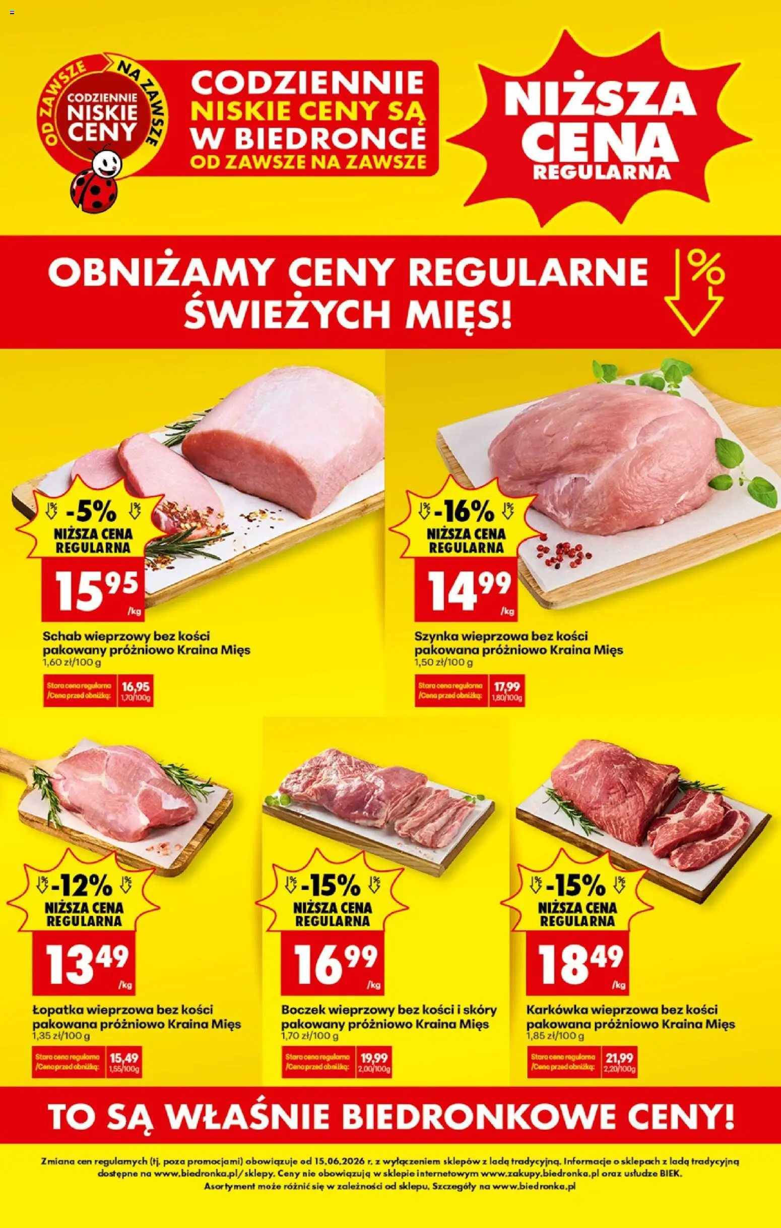 Biedronka gazetka - Niższe ceny regularne od 15.06.2026 | Strona: 1 | Produkty: Karkówka, Schab, Szynka wieprzowa, Szynka