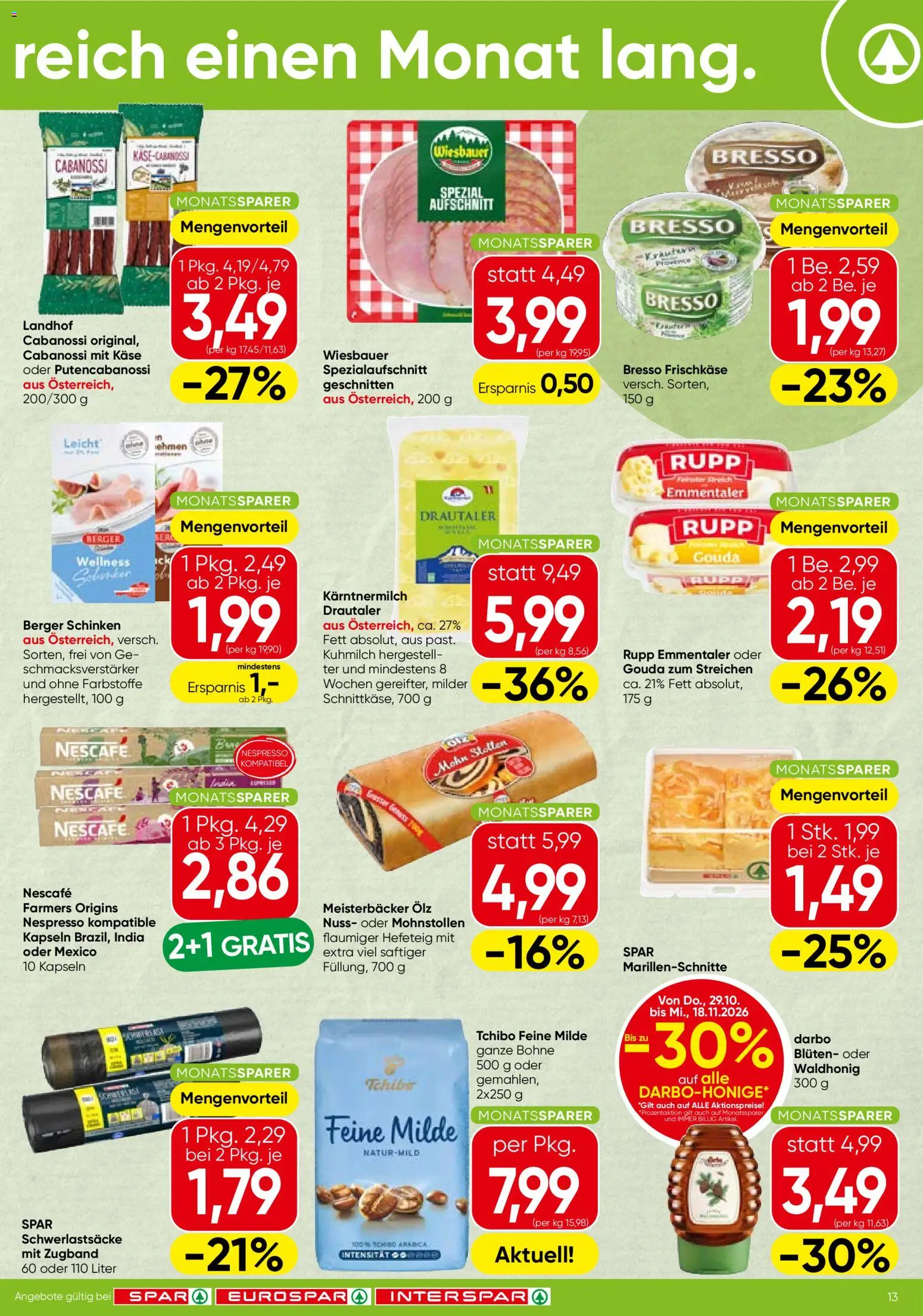 Spar Monatssparer gültig ab 29.10.2026 | Seite: 3 | Produkte: Bohne, Käse, Schinken