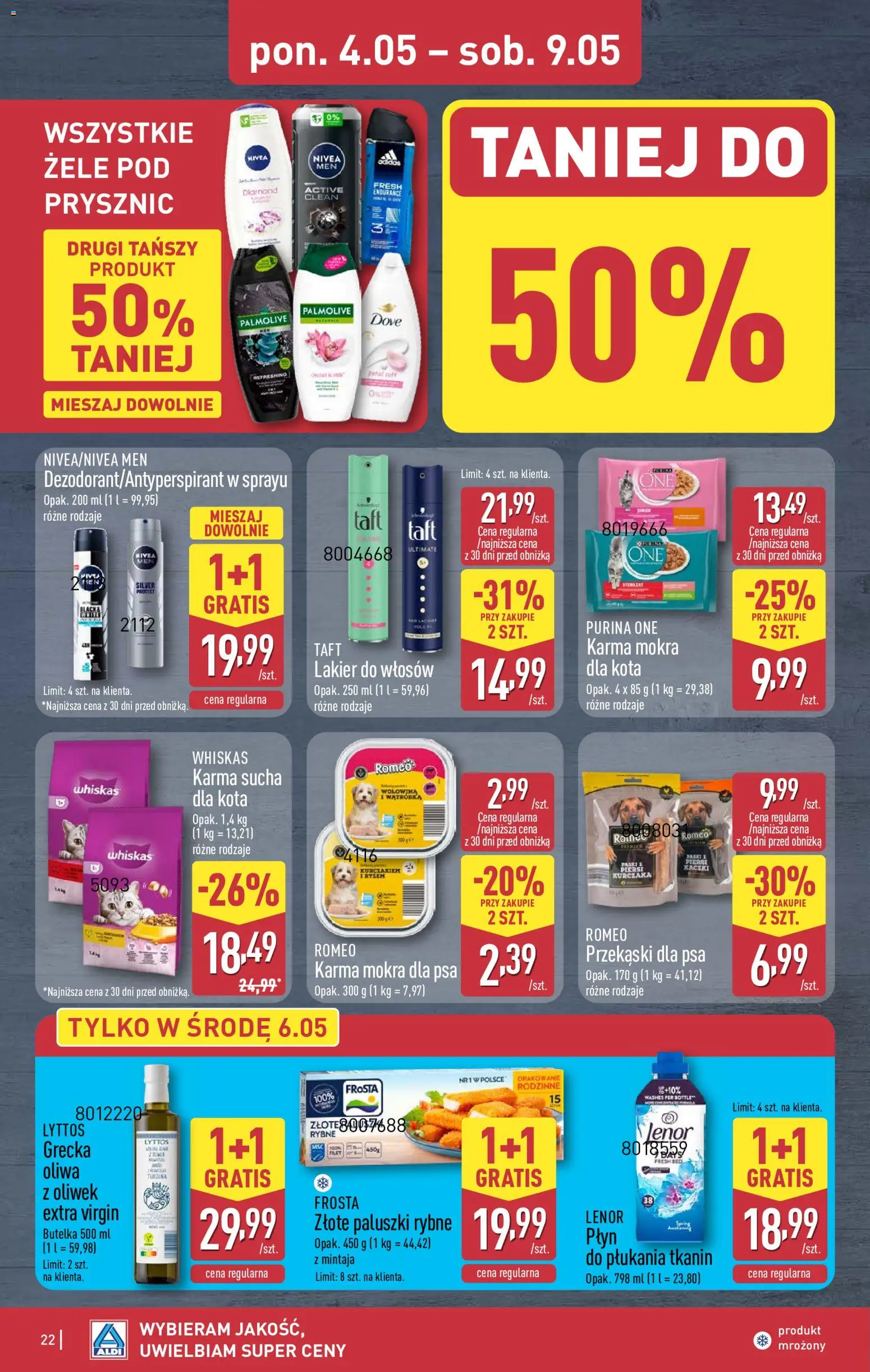 Aldi gazetka od 04.05.2026 | Strona: 22 | Produkty: Paluszki rybne, Prysznic, Paluszki, Lakier do włosów