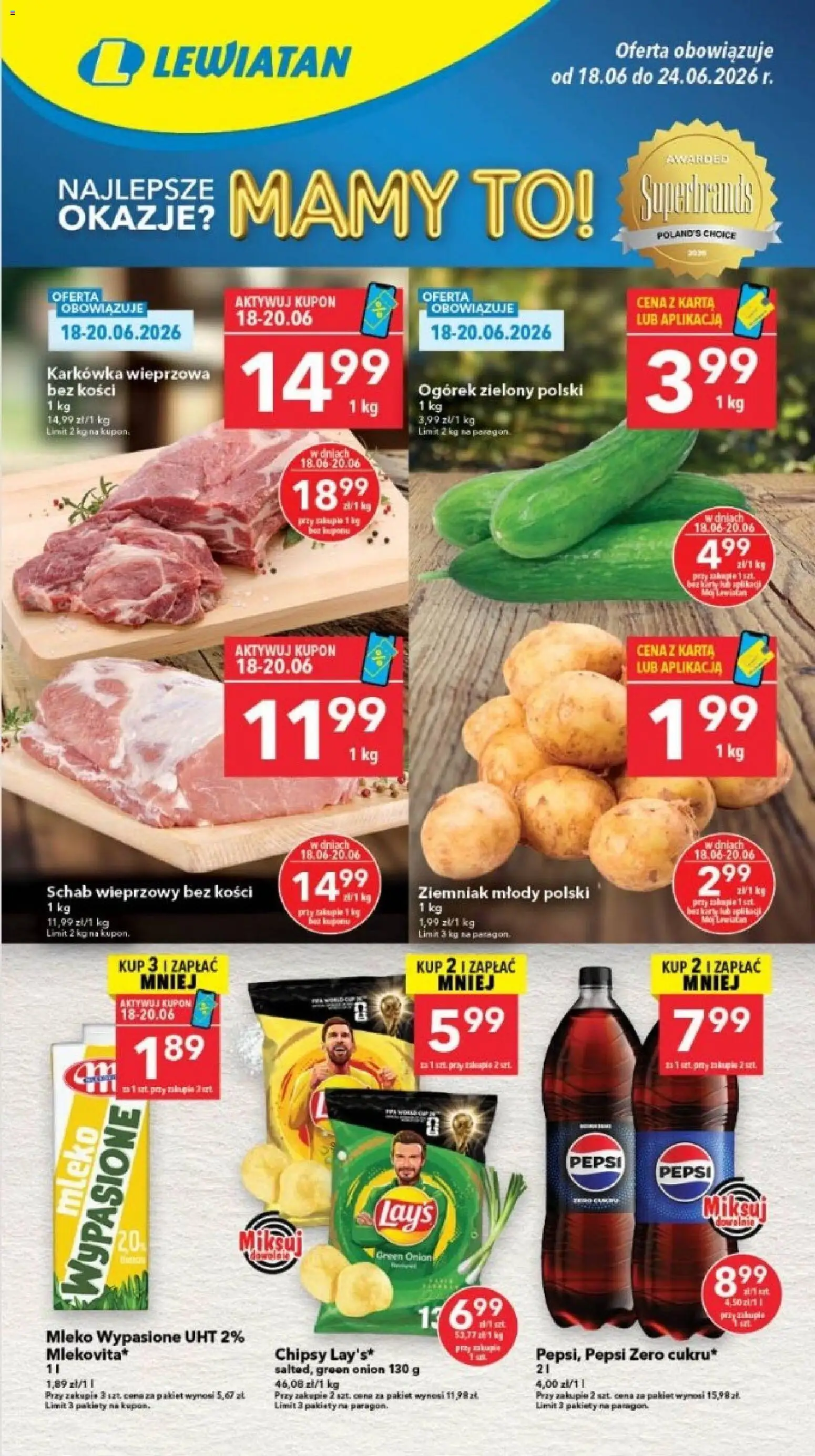 Lewiatan gazetka - Szczecin od 18.06.2026 | Strona: 1 | Produkty: Chipsy, Karkówka, Schab wieprzowy, Pepsi