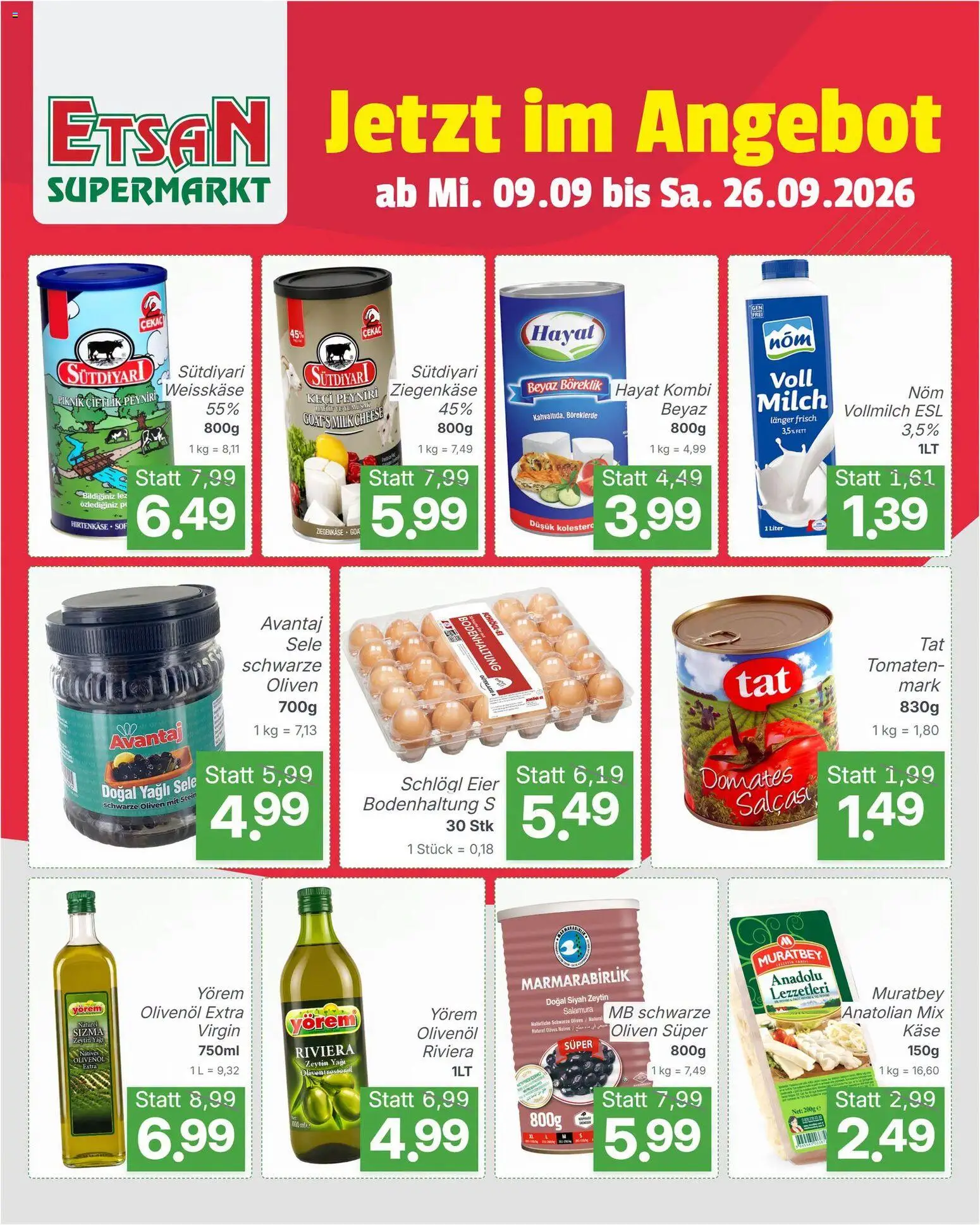 ETSAN Flugblatt gültig ab 09.09.2026 | Seite: 1 | Produkte: Vollmilch, Weißkäse, Eier, Tomaten