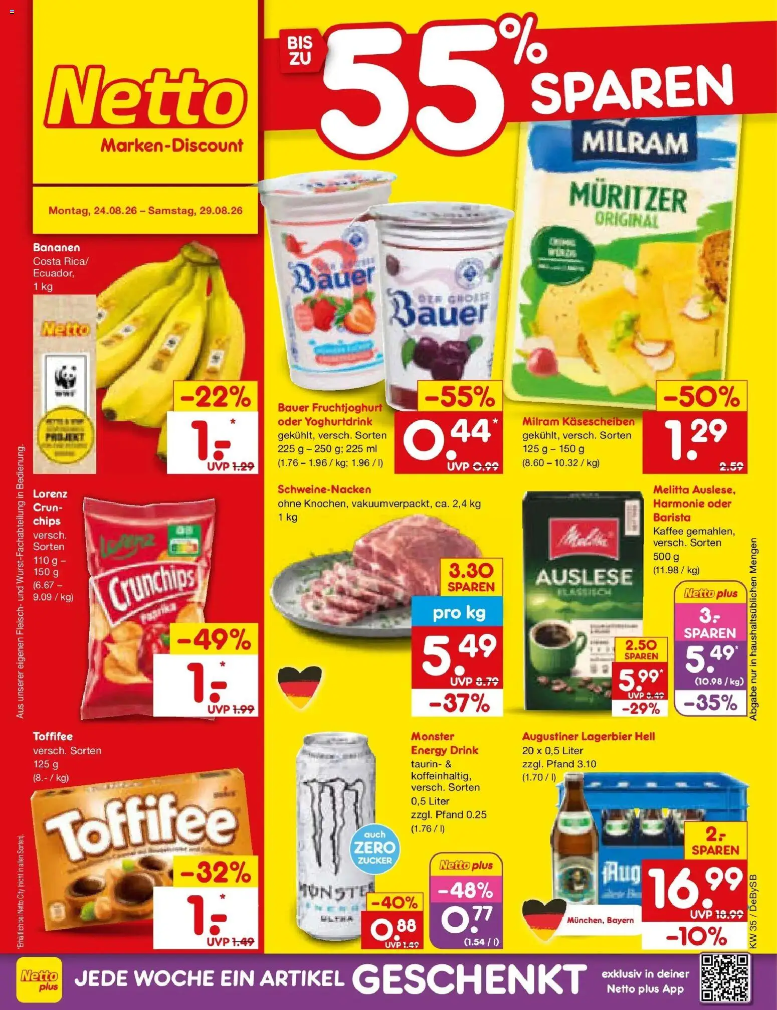 Netto Marken-Discount Prospekt Stuttgart – gültig ab 24.08.2026 | Seite: 1 | Produkte: Energy, Schweinenacken, Fruchtjoghurt, Milram