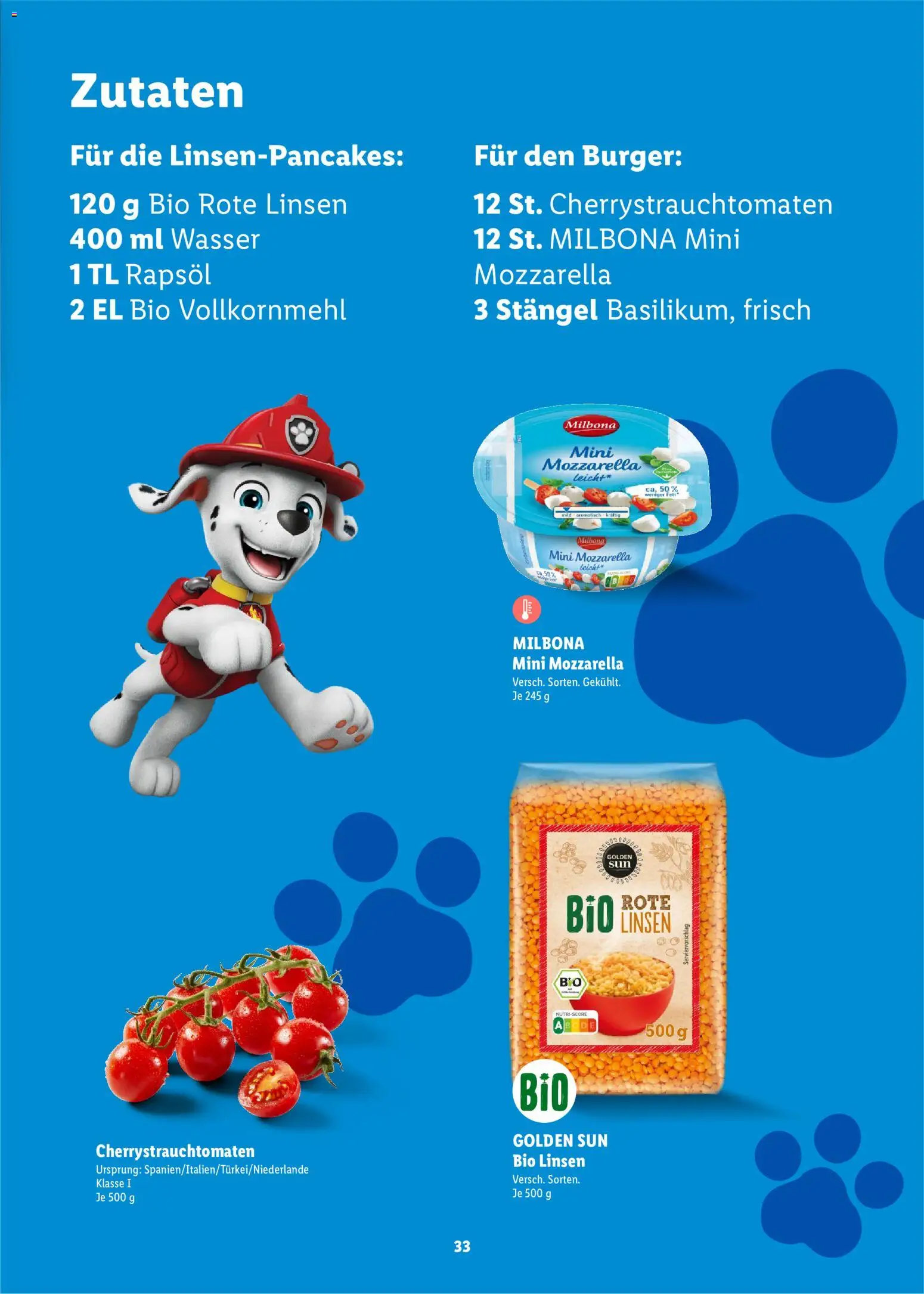 Lidl Německo leták - Paw Patrol od 20.07.2026 | Strana: 33 | Produkty: Burger, Milbona, Mozzarella